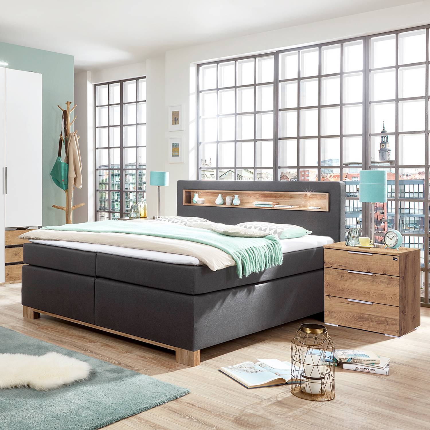 home24 Wimex Boxspringbett Nevada 180x200 cm Webstoff Anthrazit mit Matratze/Kaltschaumtopper