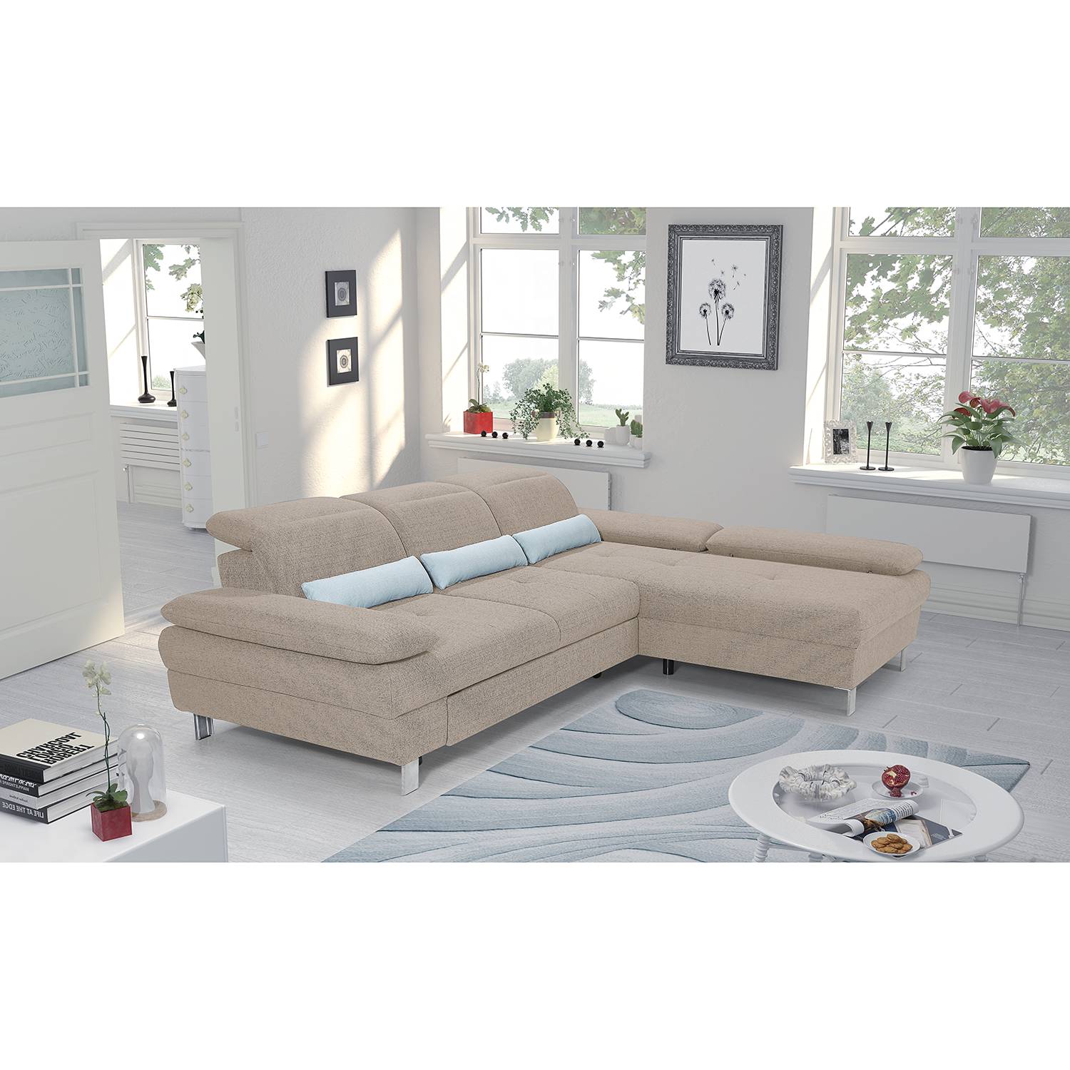 home24 loftscape Ecksofa Granada Beige Strukturstoff 286x81x216 cm mit Schlaffunktion und Bettkasten