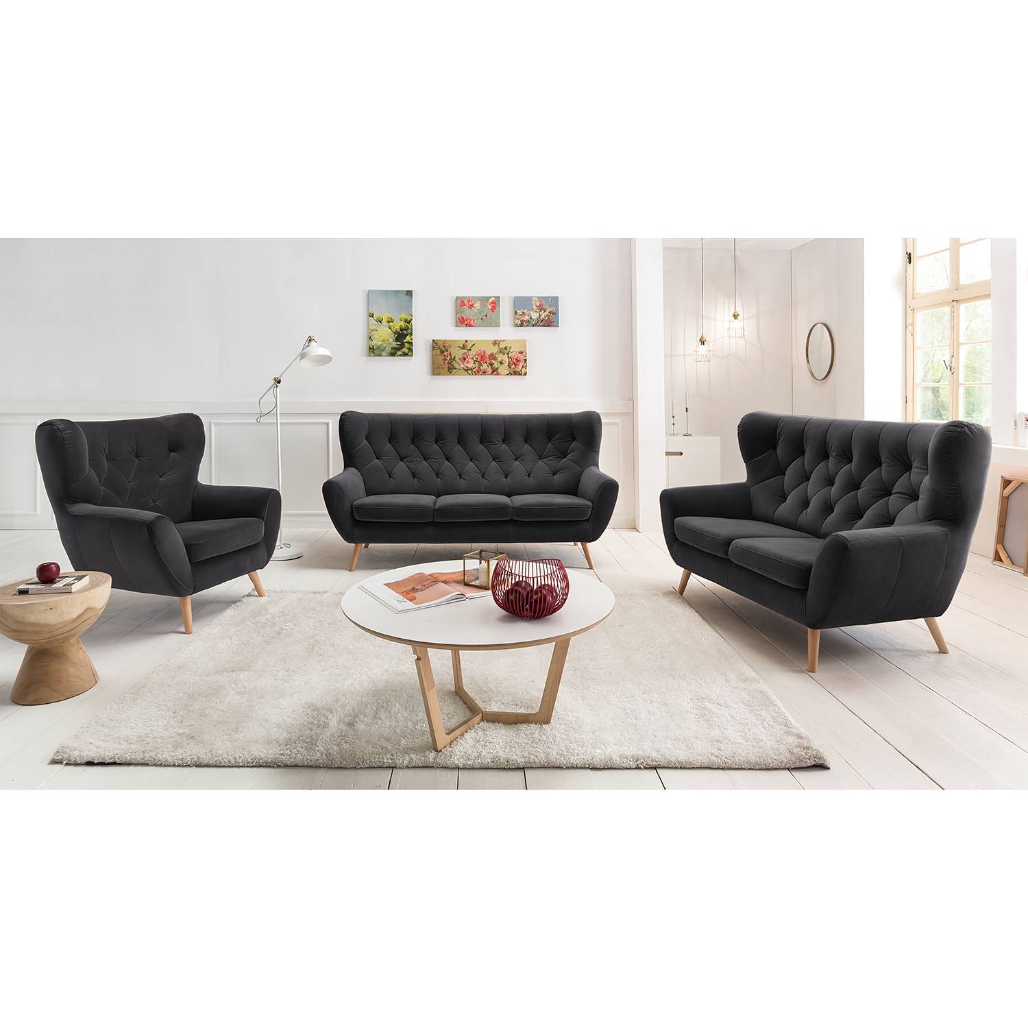 home24 Norrwood Polstergarnitur Celaya I Dunkelgrau Samt 187x101x95 cm