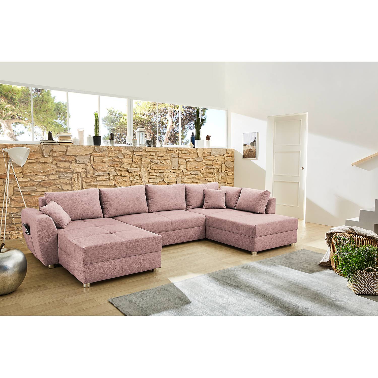 home24 Fredriks Wohnlandschaft Delicias Rosa 100% Polyester 345x87x198 cm (BxHxT)