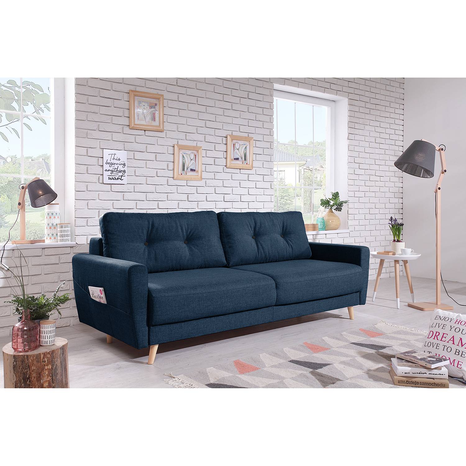 home24 Mørteens Sofa Sola 3-Sitzer Jeansblau Webstoff 215x90x90 cm