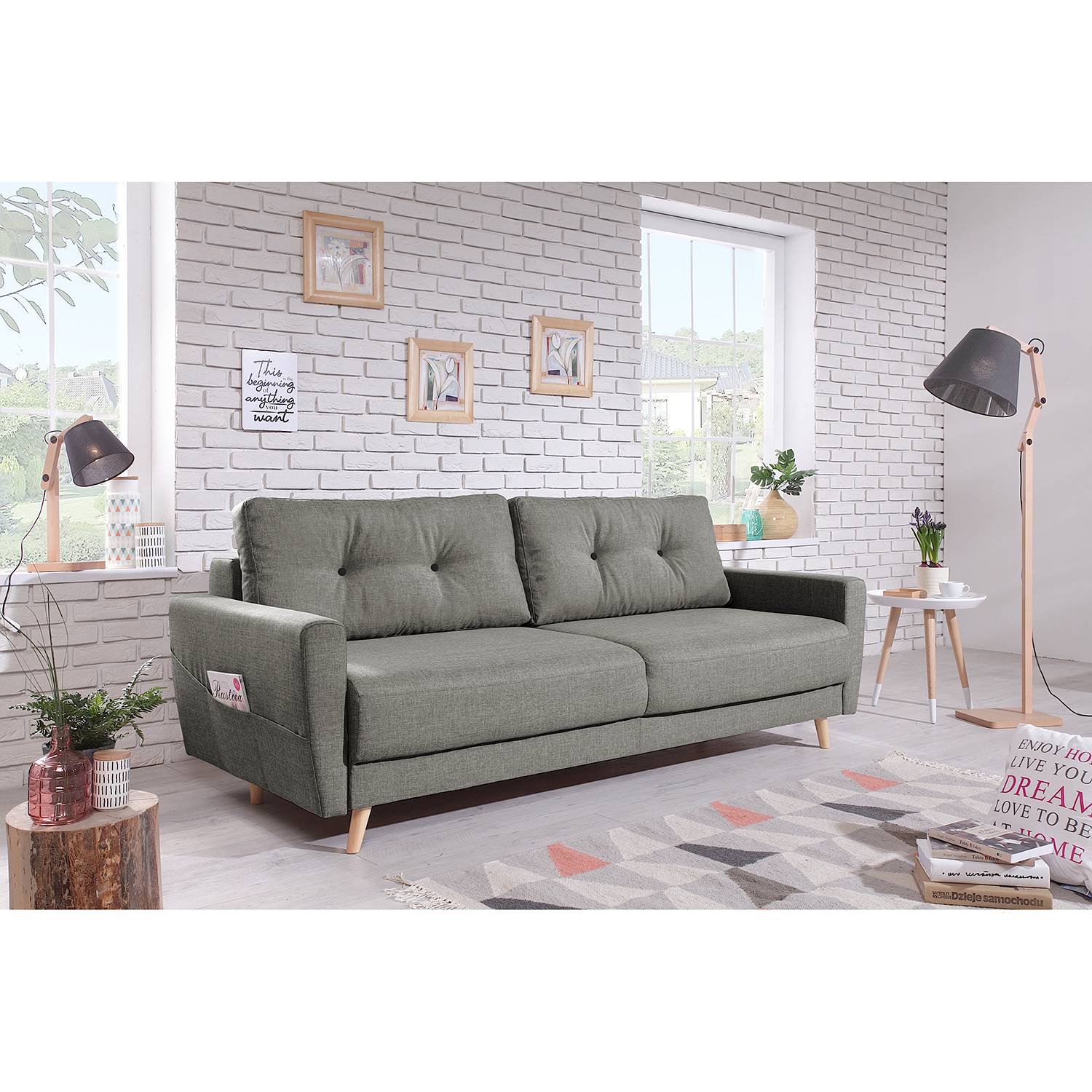home24 Mørteens Sofa Sola 3-Sitzer Grau Webstoff 215x90x90 cm