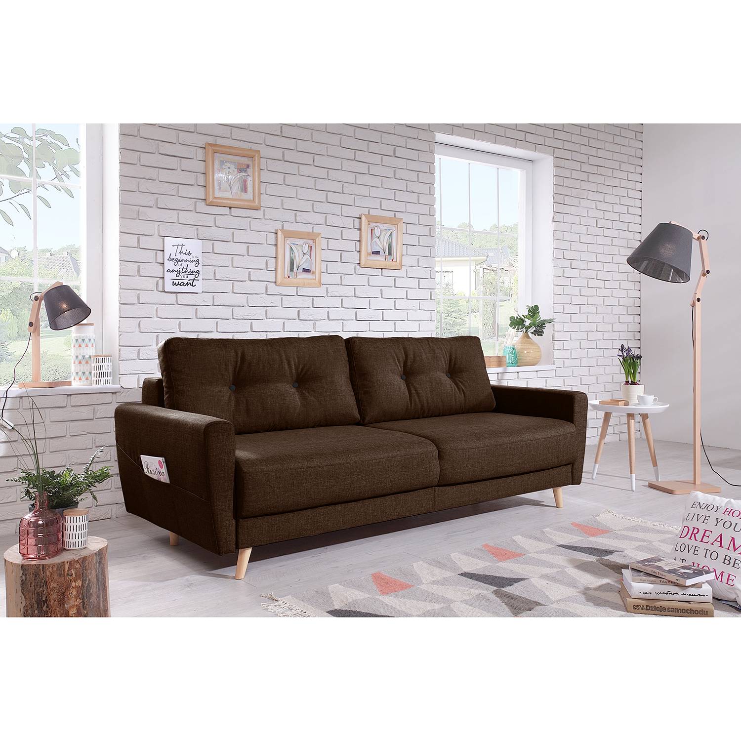 home24 Mørteens Sofa Sola 3-Sitzer Dunkelbraun Webstoff 215x90x90 cm