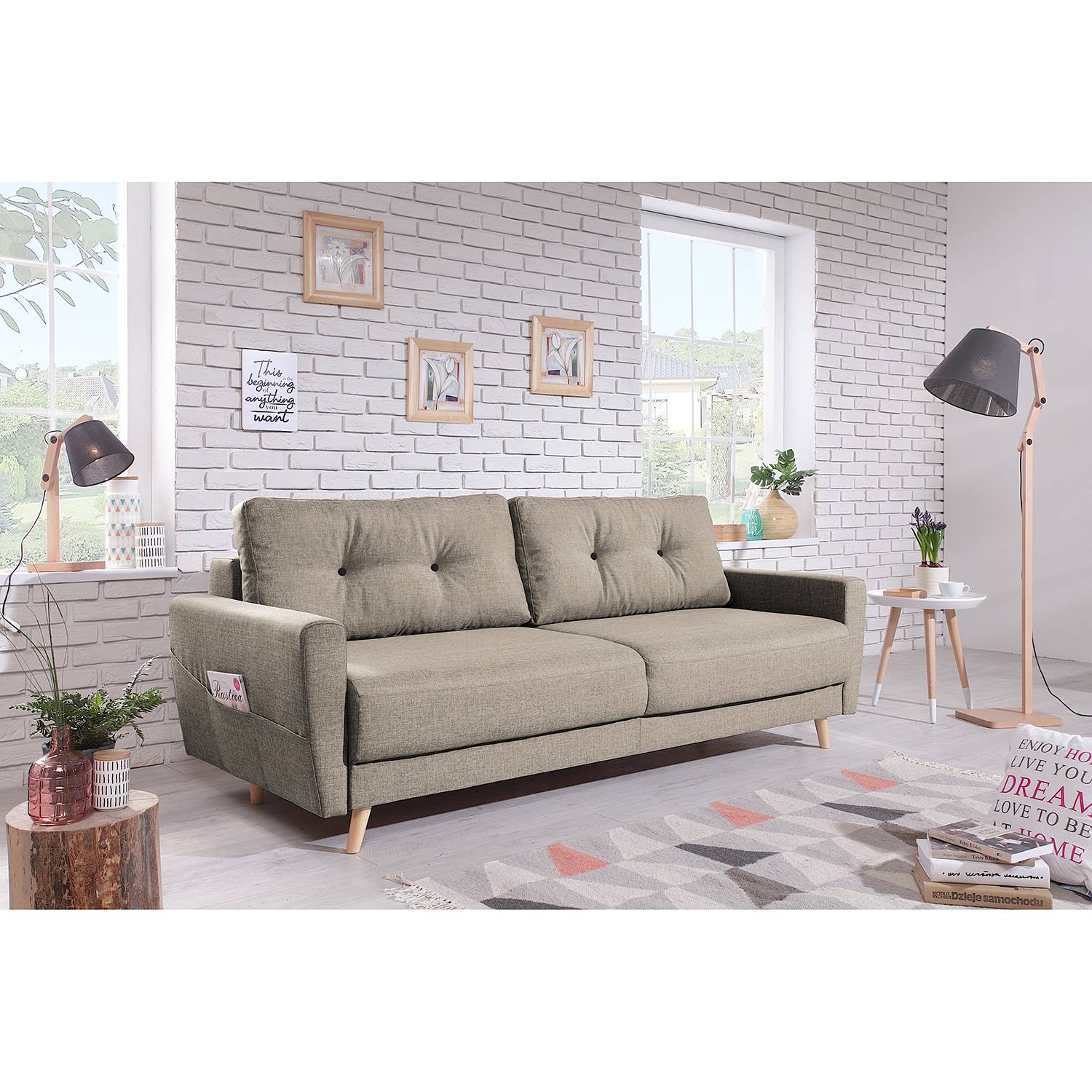 home24 Mørteens Sofa Sola 3-Sitzer Cappuccino Webstoff 215x90x90 cm