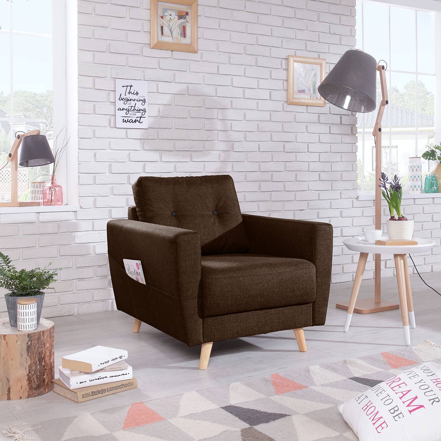 home24 Mørteens Sessel Sola Dunkelbraun Webstoff 79x90x90 cm (BxHxT)