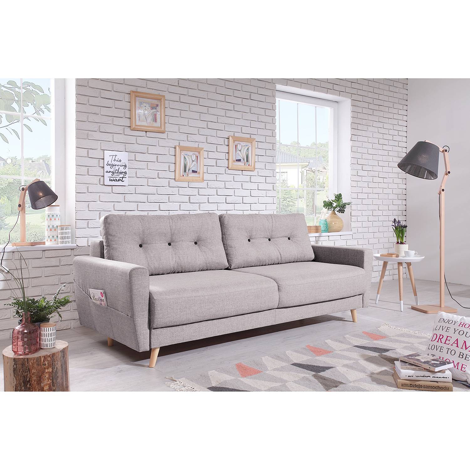 home24 Mørteens Sofa Sola 3-Sitzer Grau/Hellrose Webstoff 215x90x90 cm mit Schlaffunktion