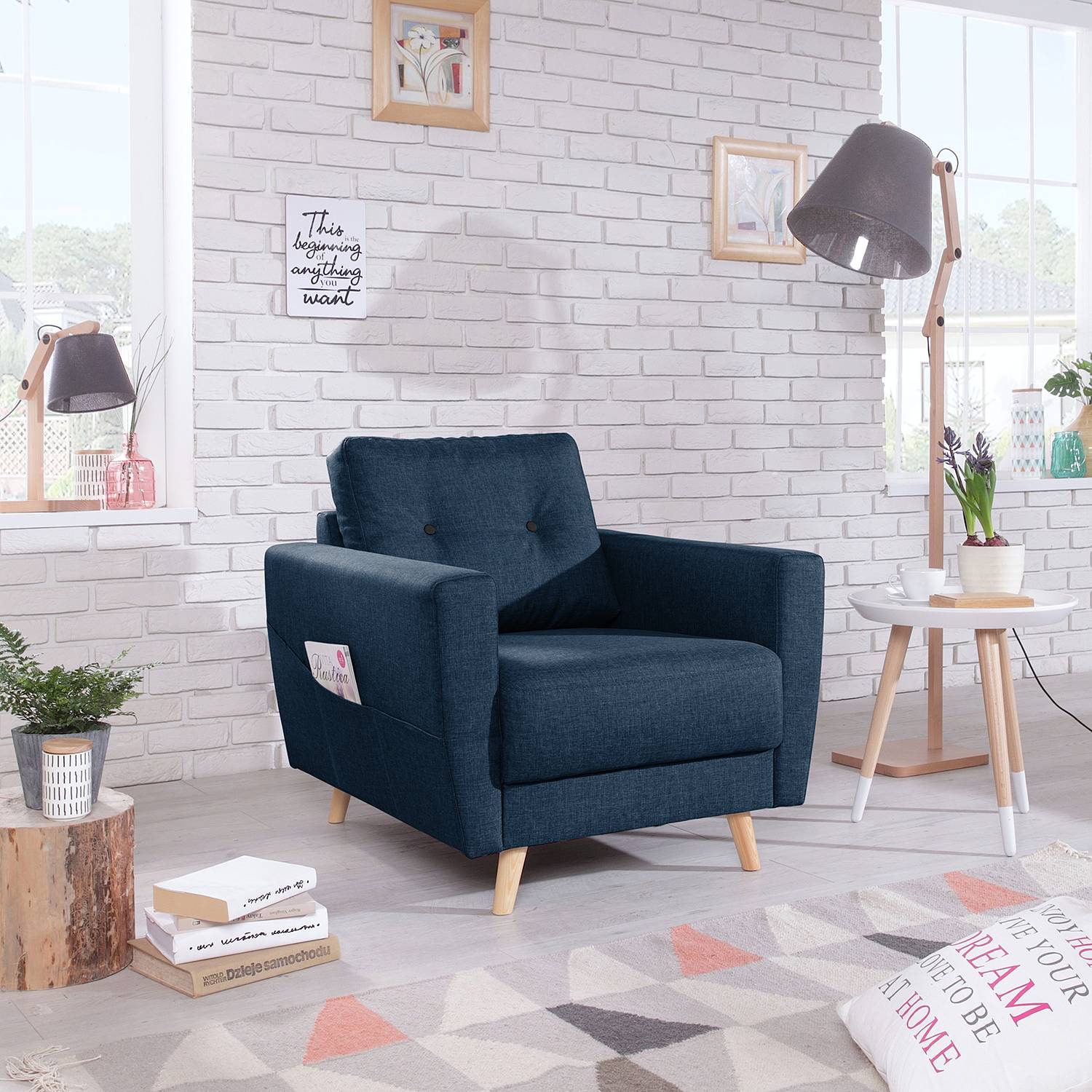 home24 Mørteens Sessel Sola Jeansblau Webstoff 79x90x90 cm (BxHxT)