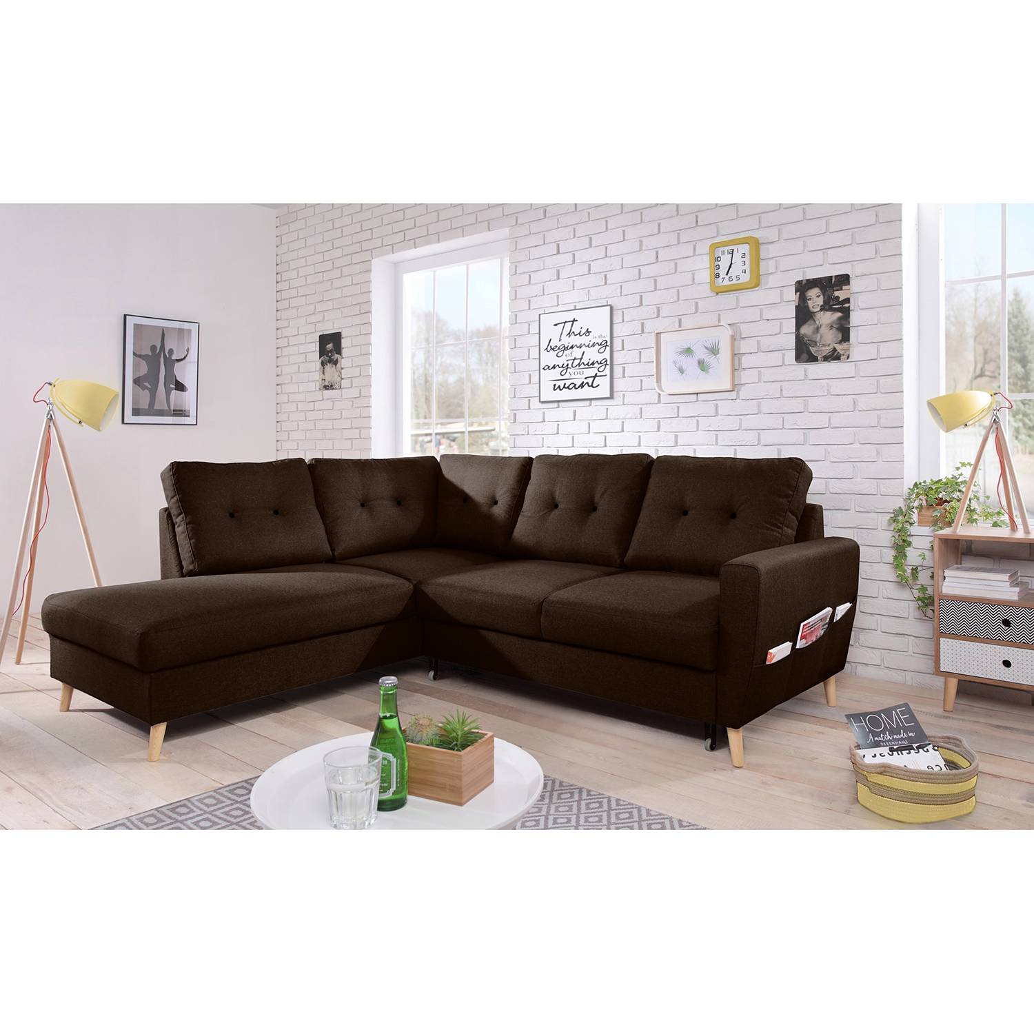 home24 Mørteens Ecksofa Sola II Dunkelbraun Webstoff 230x90x198 cm mit Schlaffunktion