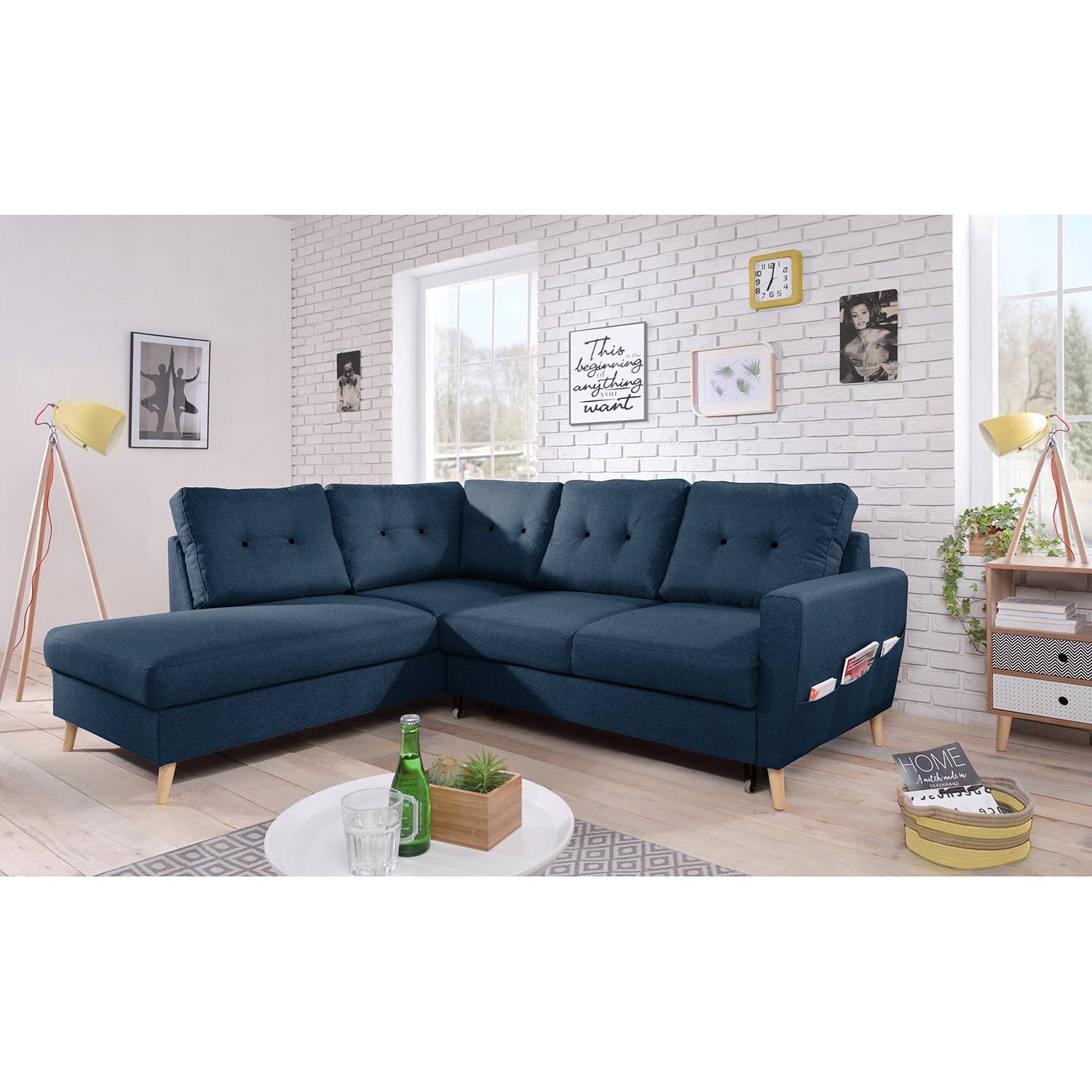 home24 Mørteens Ecksofa Sola II Jeansblau Webstoff 230x90x198 cm mit Schlaffunktion