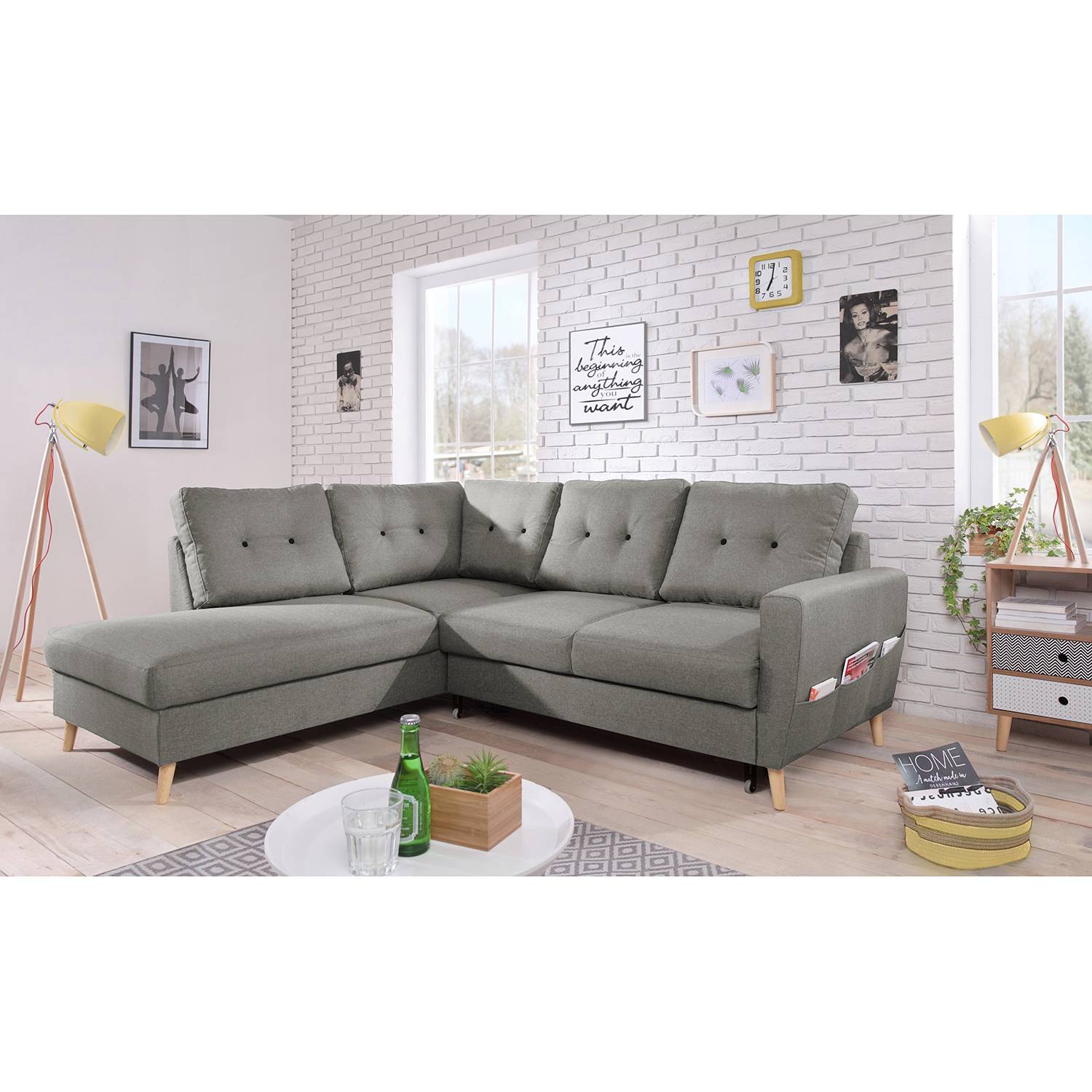 home24 Mørteens Ecksofa Sola II Grau Webstoff 230x90x198 cm mit Schlaffunktion