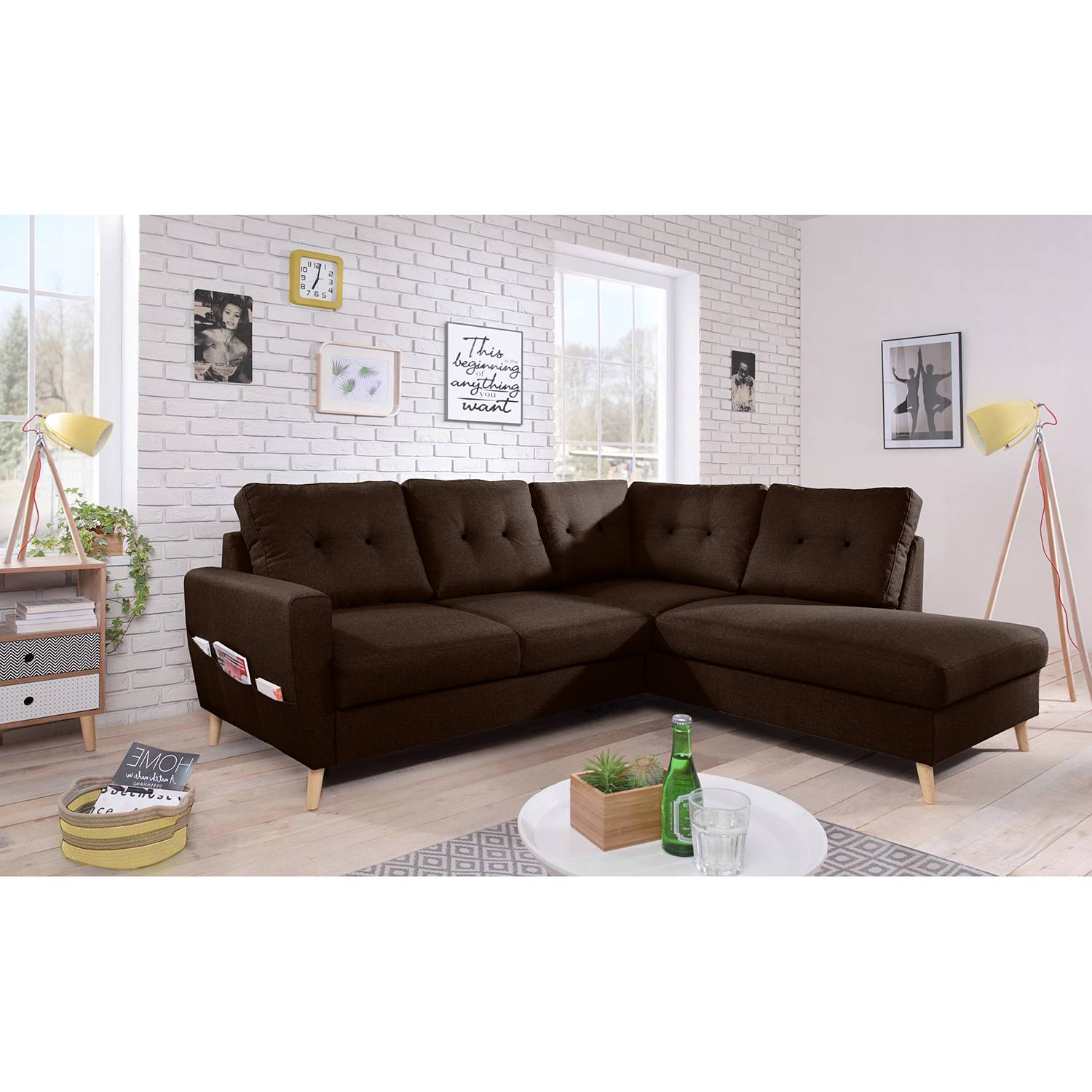 home24 Mørteens Ecksofa Sola II Dunkelbraun Webstoff 230x90x198 cm