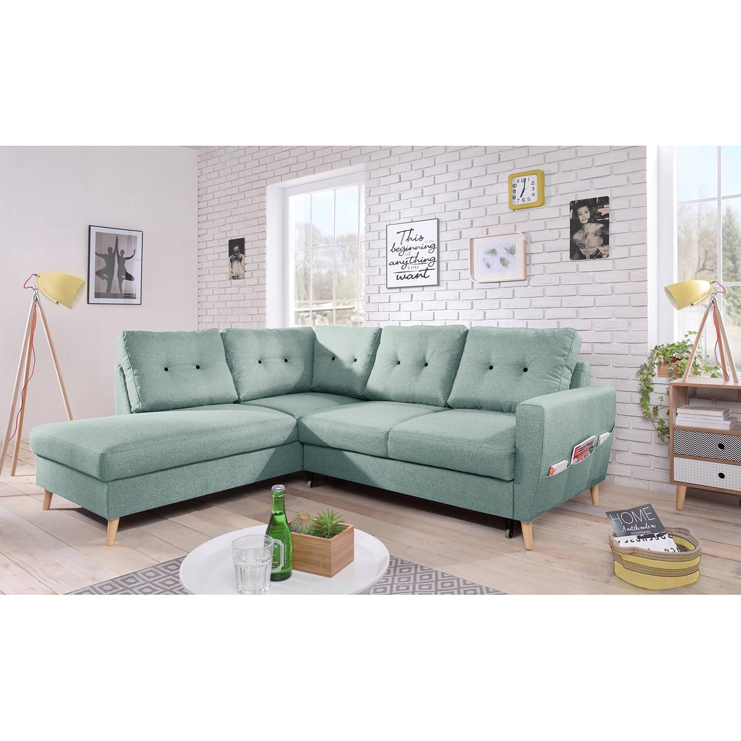 home24 Mørteens Ecksofa Sola II Mintgrau Webstoff 230x90x198 cm mit Schlaffunktion