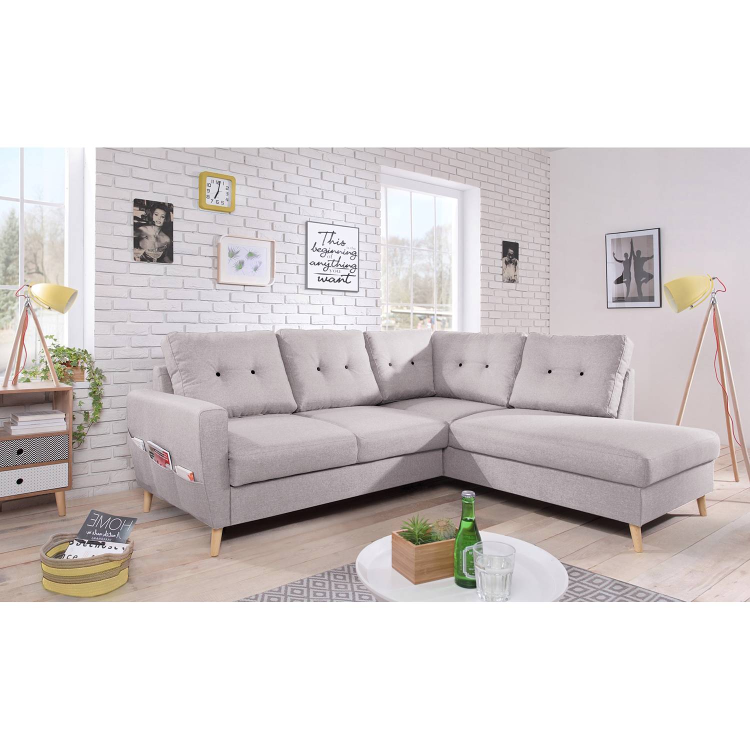 home24 Mørteens Ecksofa Sola II Grau/Hellrose Webstoff 230x90x198 cm
