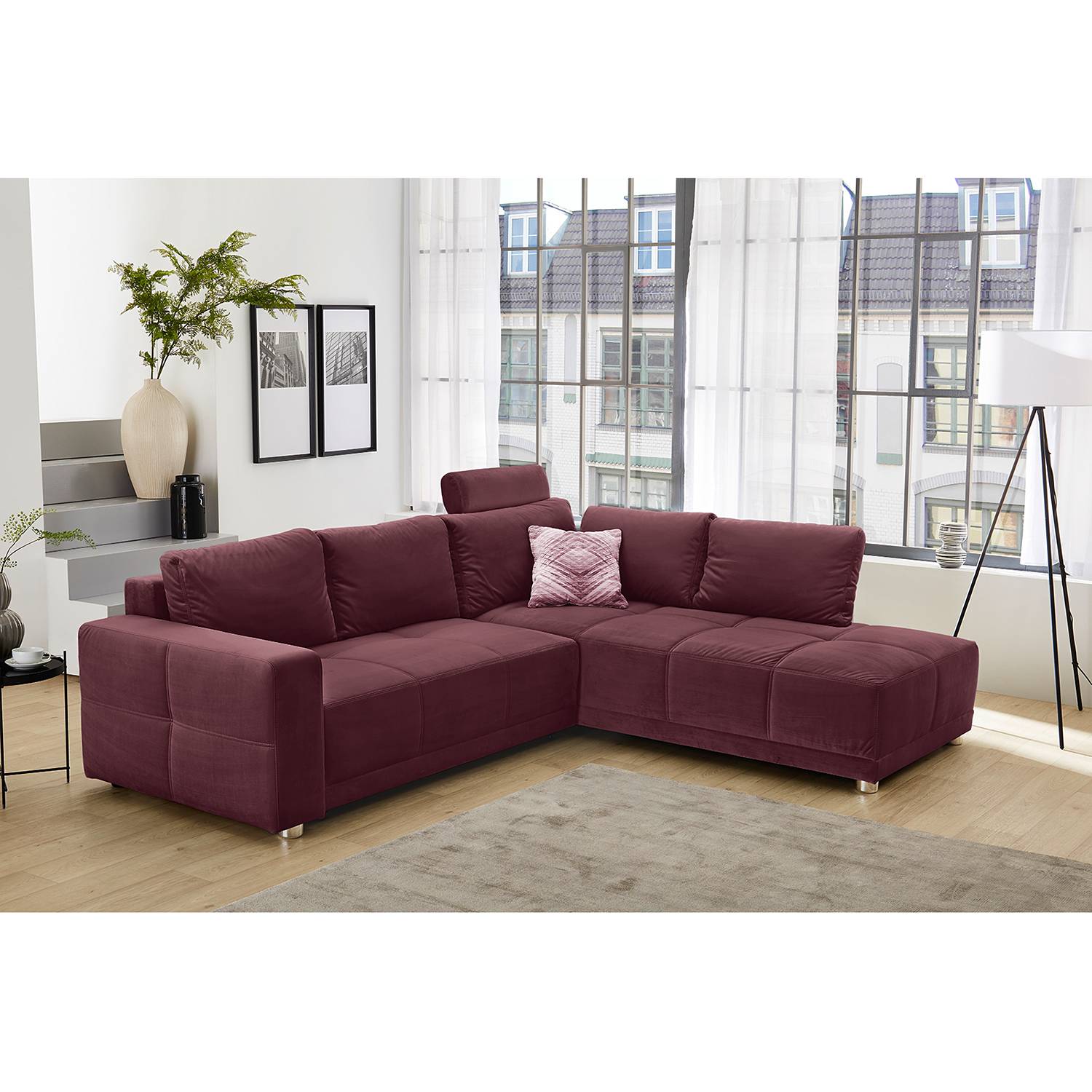 home24 Fredriks Ecksofa Nango II Dunkelrot Samt 257x82x215 cm mit Schlaffunktion und Bettkasten
