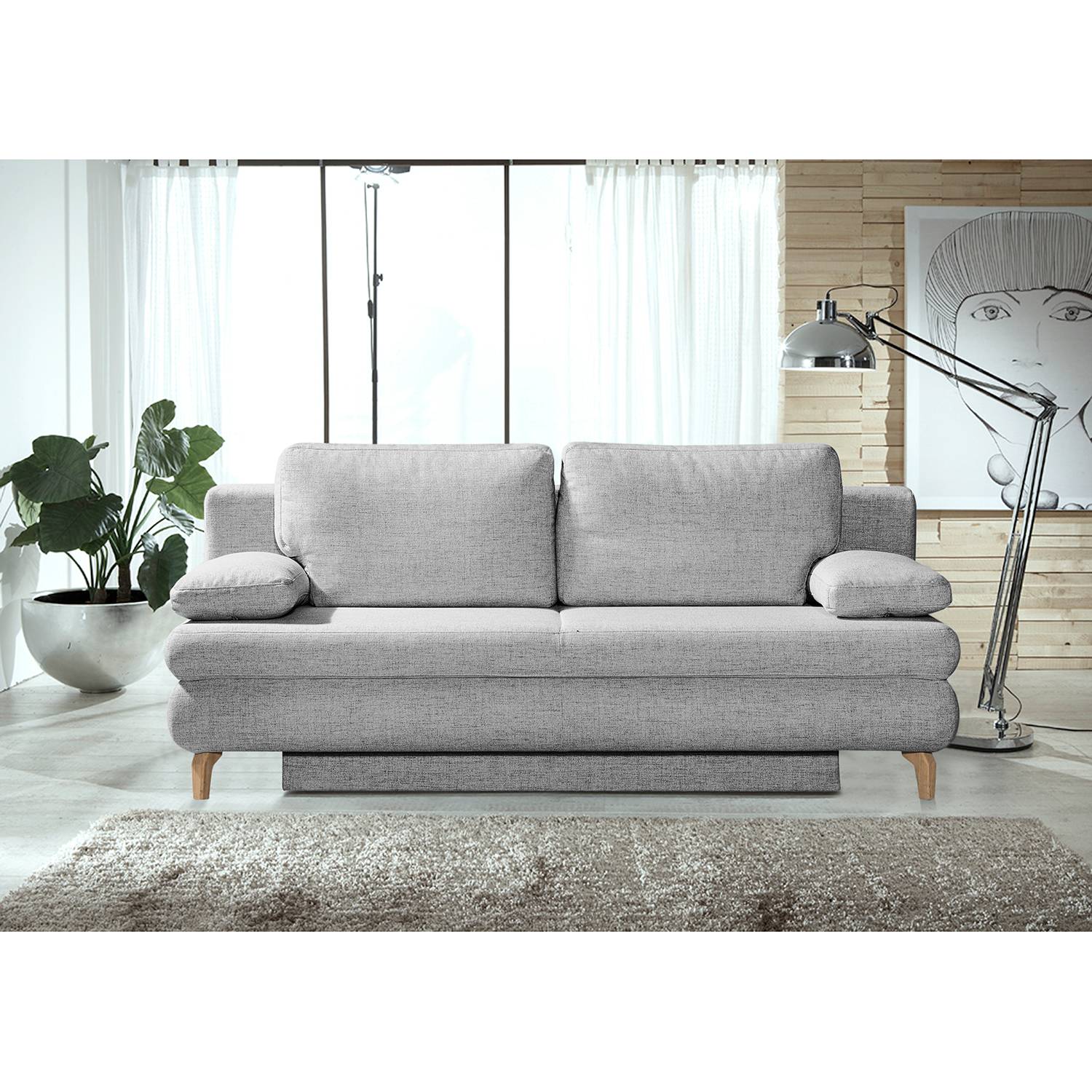 home24 Mørteens Schlafsofa Seiling Kies Strukturstoff 202x91x92 cm mit Schlaffunktion und Bettkasten