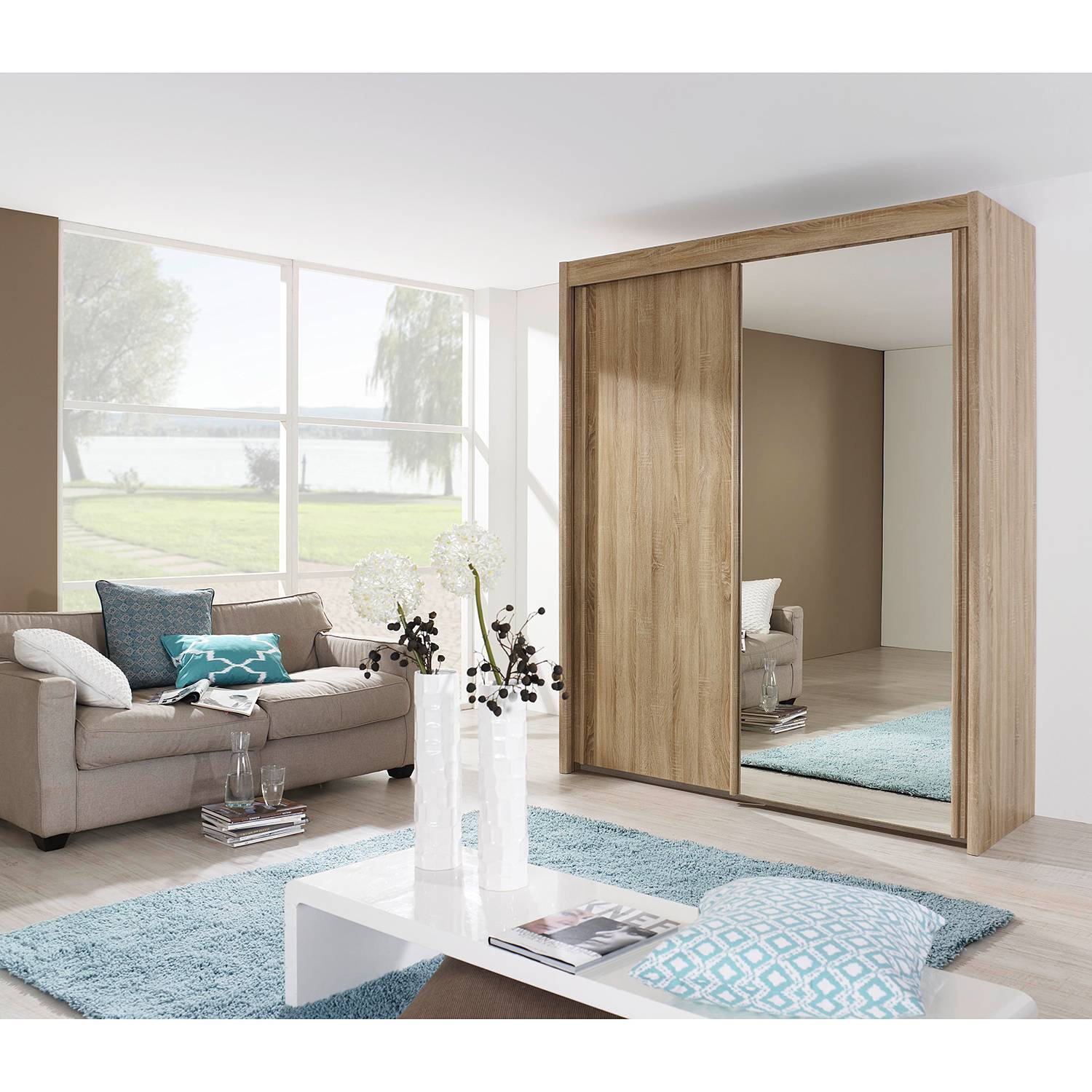 home24 Rauch Steffen Schwebetürenschrank Imperial II Eiche Sonoma Dekor mit Spiegel 151x235x65 cm (BxHxT) Spanplatte Modern