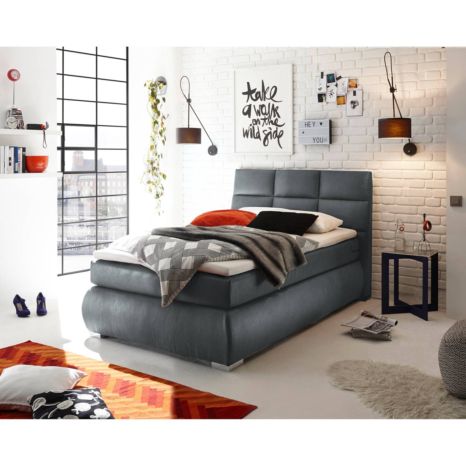 home24 Fredriks Boxspringbett Malm 140x200 cm Microfaser Anthrazit mit Bettkasten/Matratze/Topper
