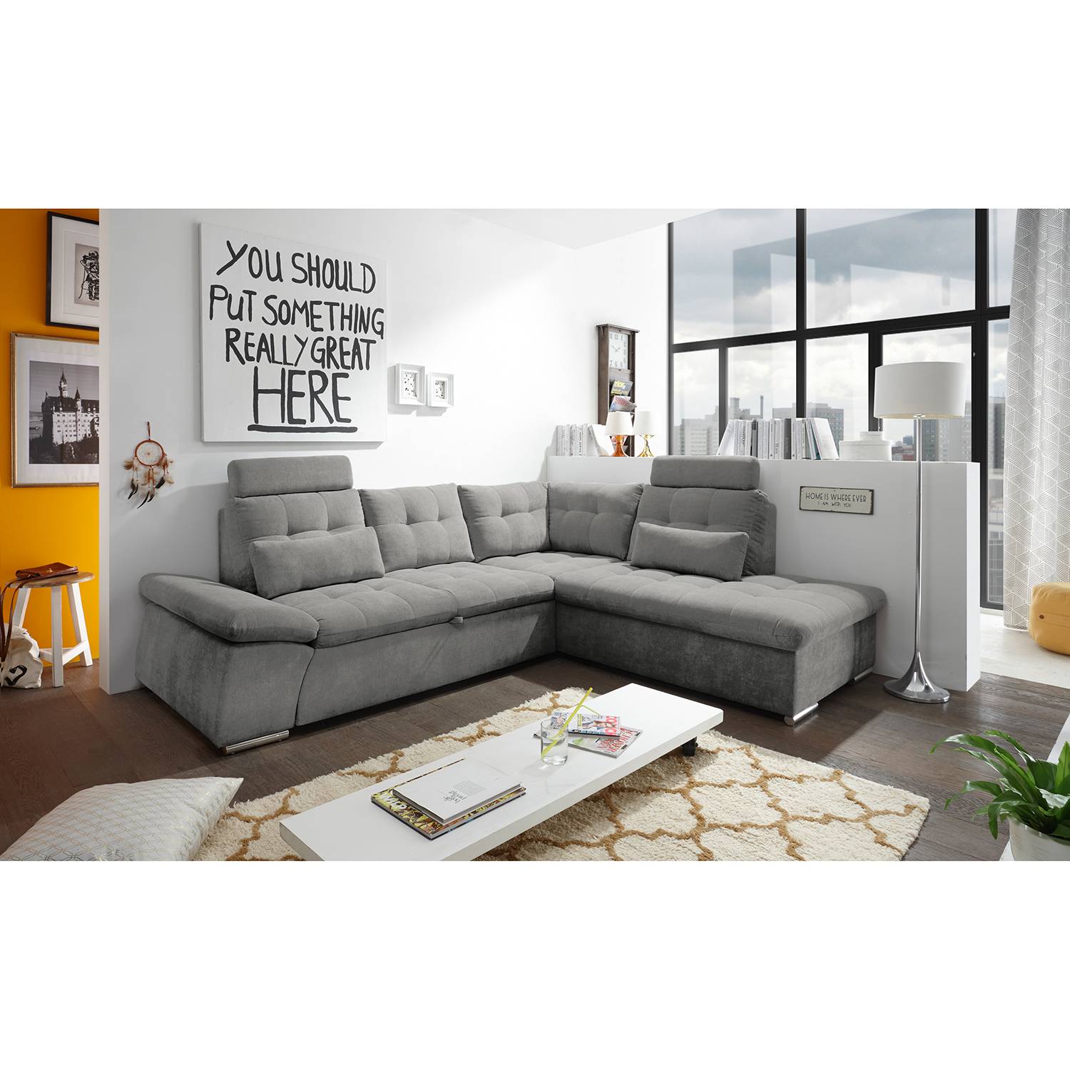 home24 Fredriks Ecksofa Puntiro II Hellgrau Microfaser 260x103x219 cm mit Schlaffunktion