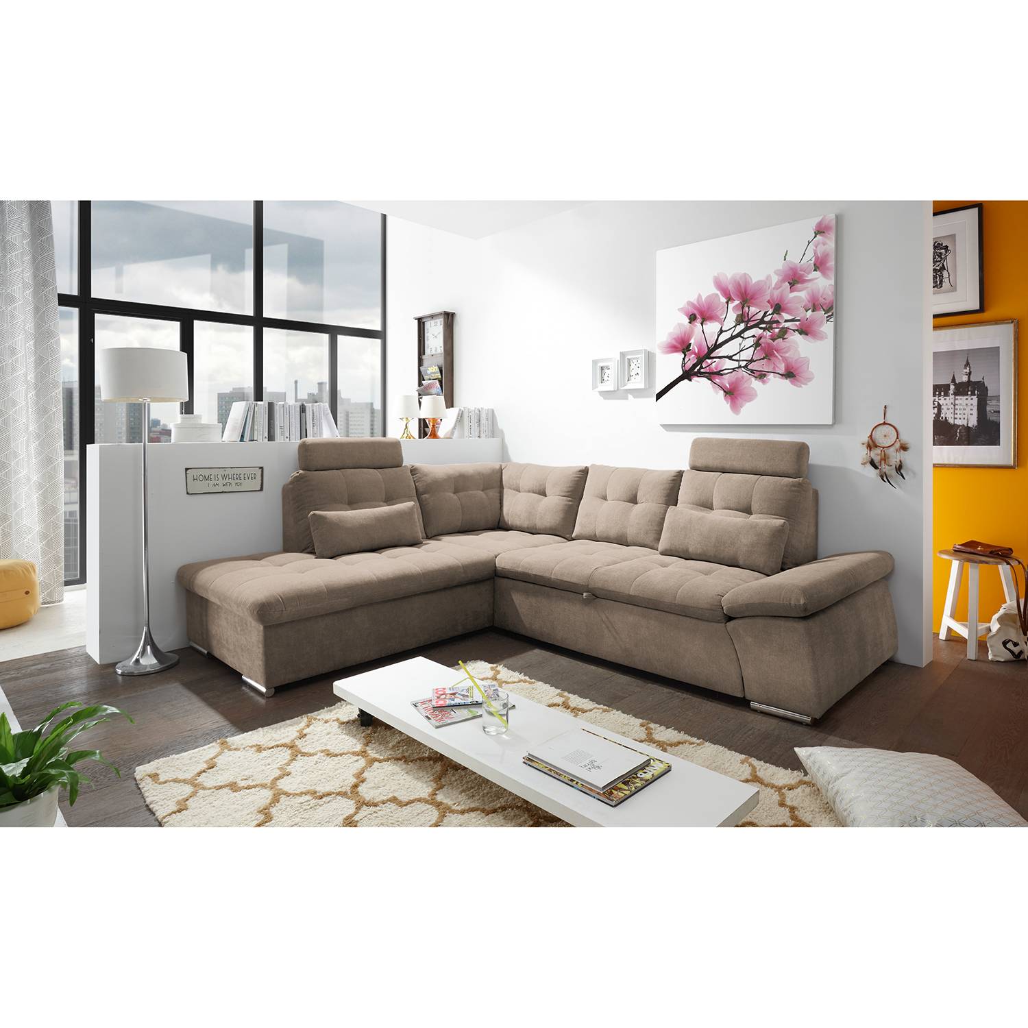 home24 Fredriks Ecksofa Puntiro II Beige Microfaser 260x103x219 cm mit Schlaffunktion