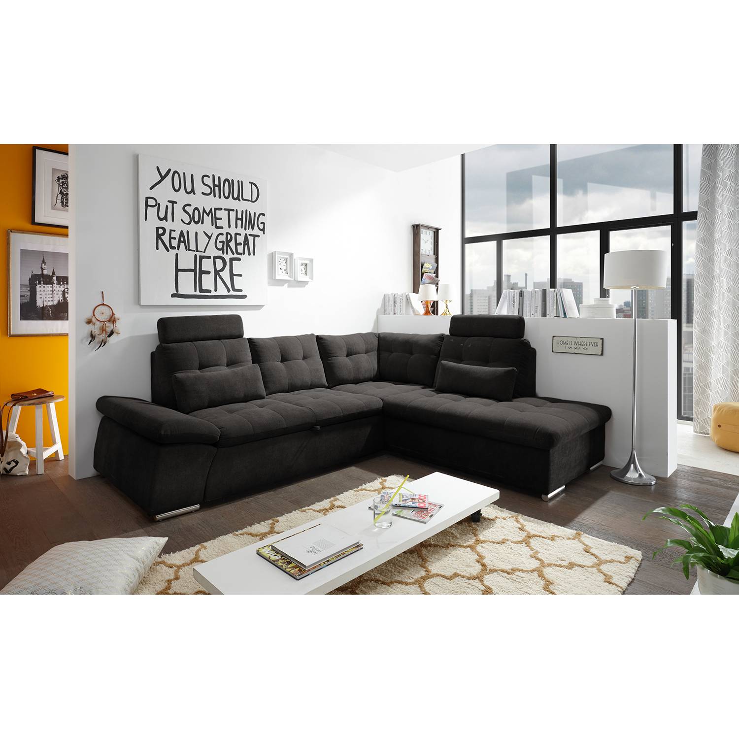 home24 Fredriks Ecksofa Puntiro II Dunkelgrau Microfaser 260x103x219 cm mit Schlaffunktion