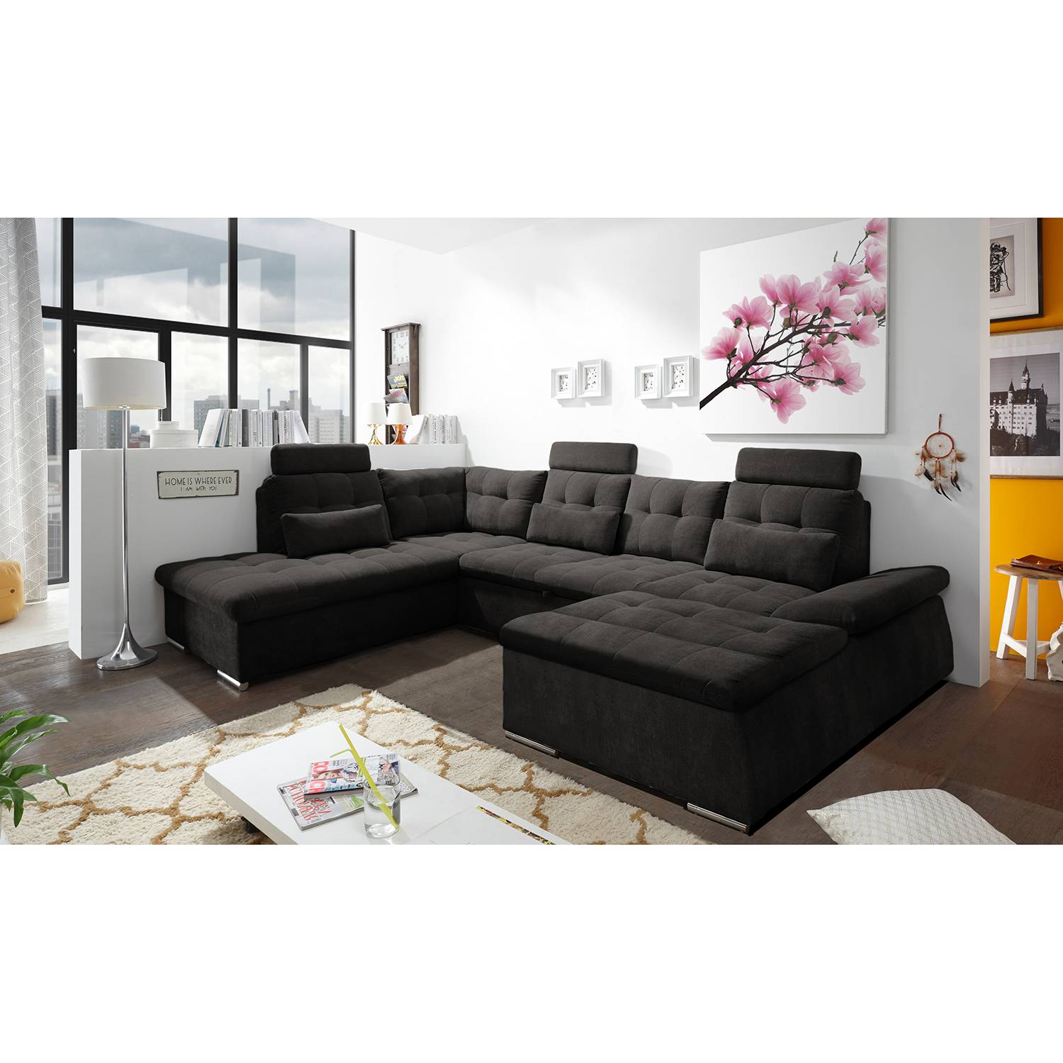 home24 Fredriks Wohnlandschaft Puntiro II Dunkelgrau Microfaser 324x107x218 cm mit Schlaffunktion