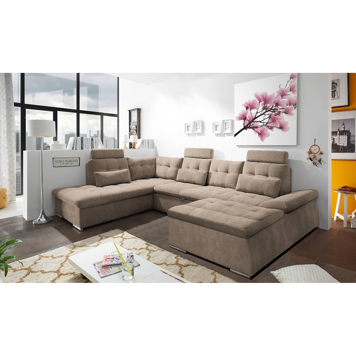 home24 Fredriks Wohnlandschaft Puntiro II Beige Microfaser 324x107x218 cm mit Schlaffunktion
