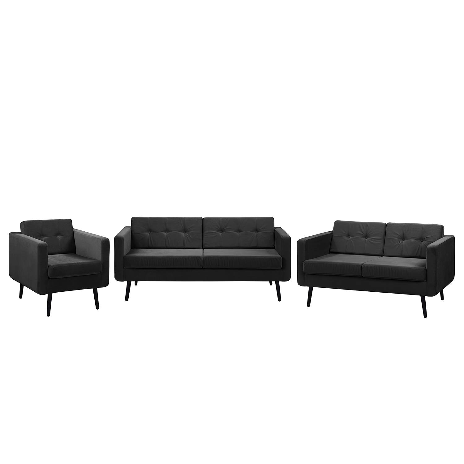 home24 Jack & Alice Polstergarnitur Croom V Schwarz Samt 184x86x84 cm