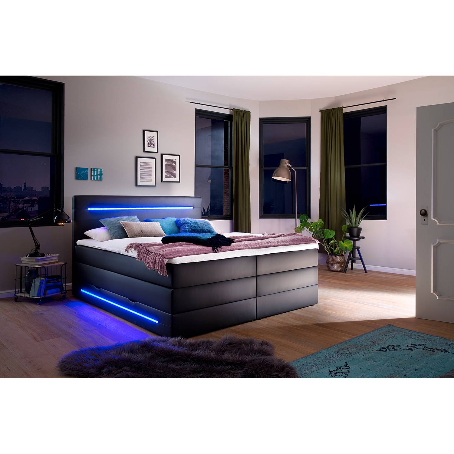 home24 meise.möbel Boxspringbett Lights 180x200 cm Kunstleder Schwarz mit Bettkästen/Beleuchtung/Matratze/Topper