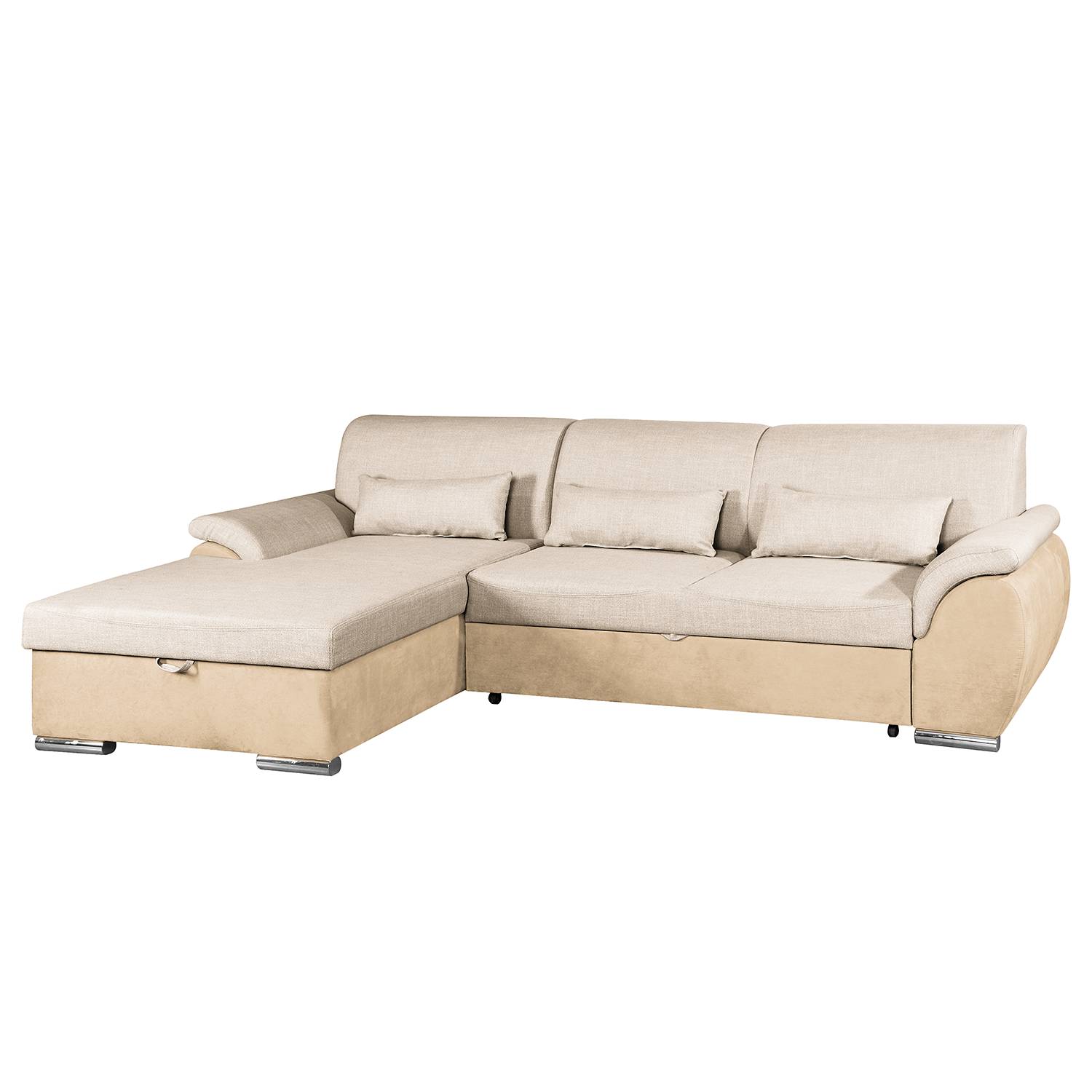 home24 loftscape Ecksofa Roseburg Warmes Beige Microfaser 274x84x175 cm mit Schlaffunktion und Bettkasten
