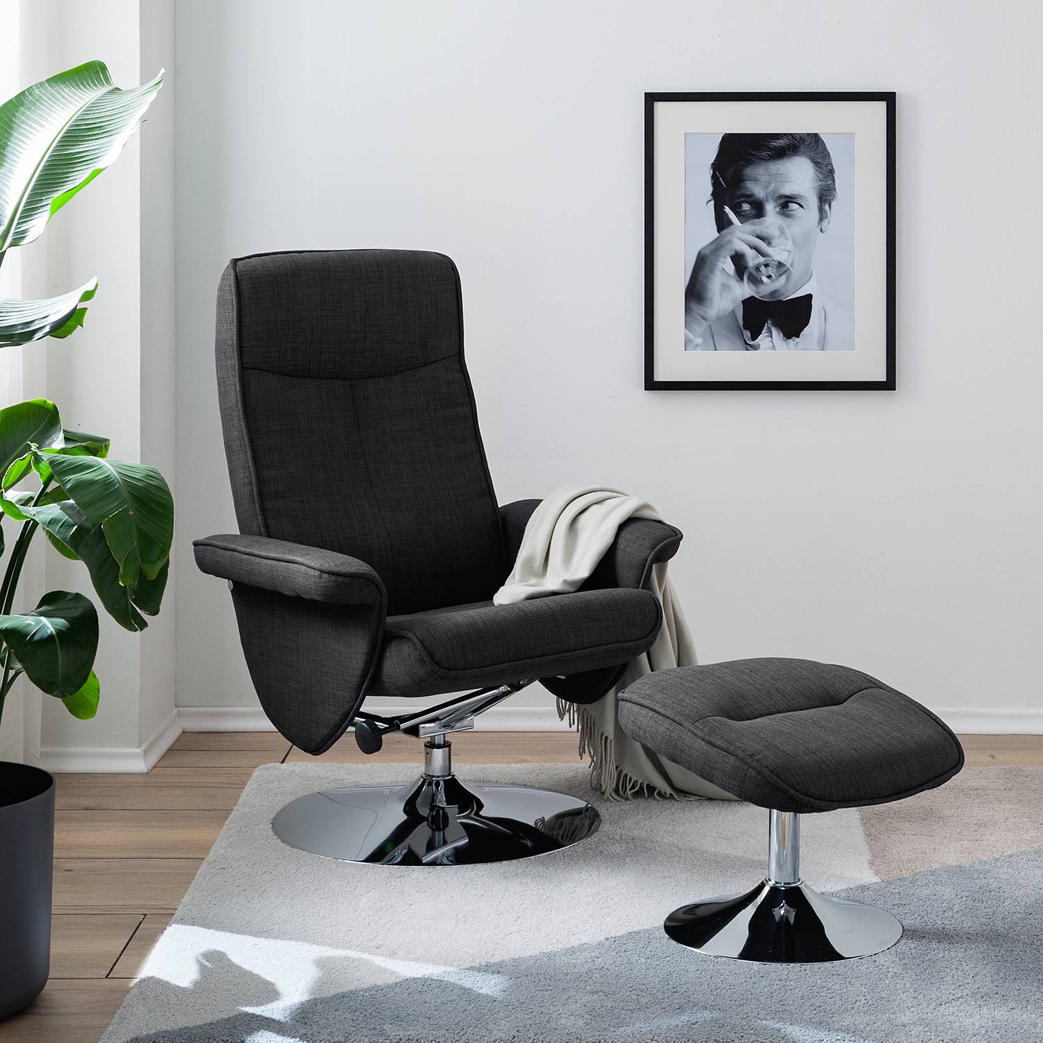 home24 loftscape Relaxsessel Selfors II Dunkelgrau Webstoff mit Hocker/Relaxfunktion 78x104x78 cm (BxHxT)