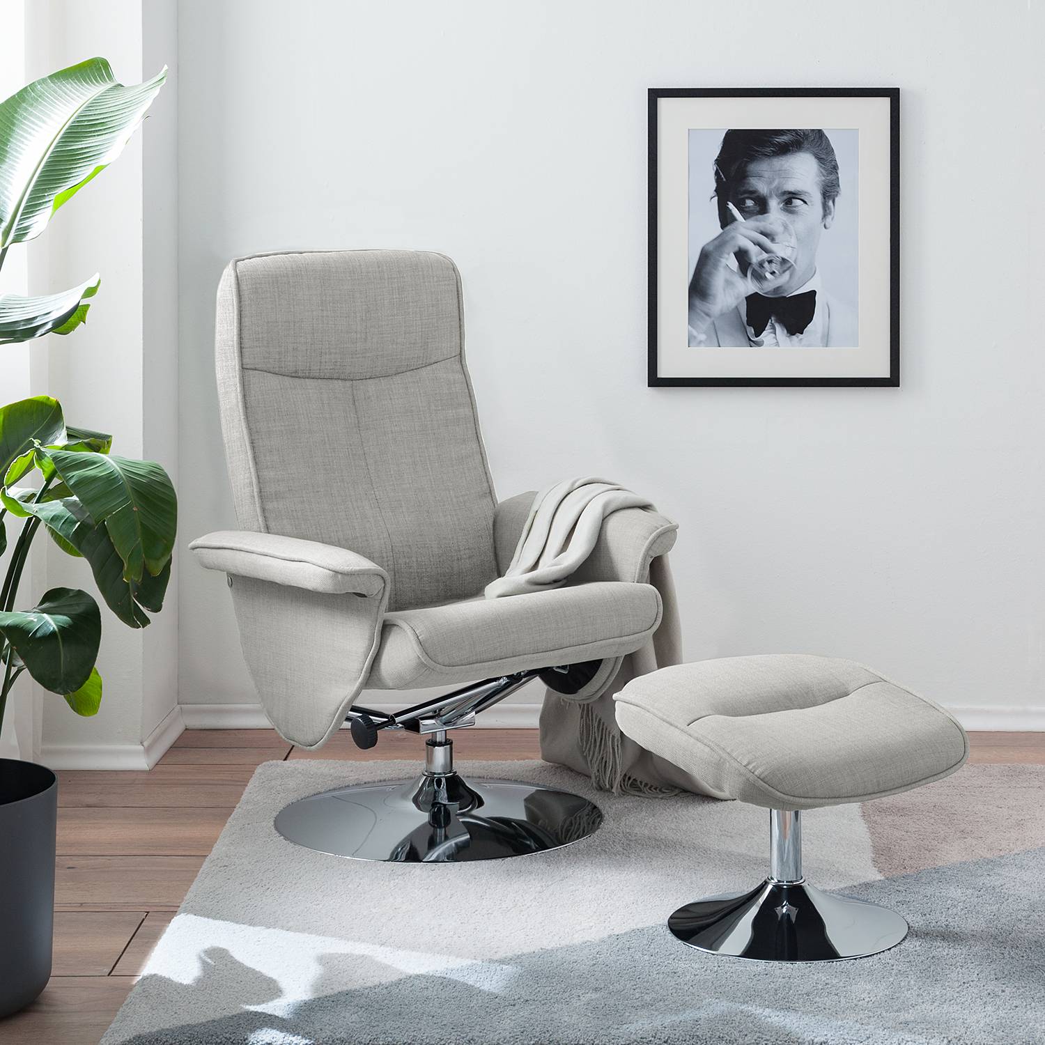 home24 loftscape Relaxsessel Selfors II Hellgrau Webstoff mit Hocker/Relaxfunktion 78x104x78 cm (BxHxT)
