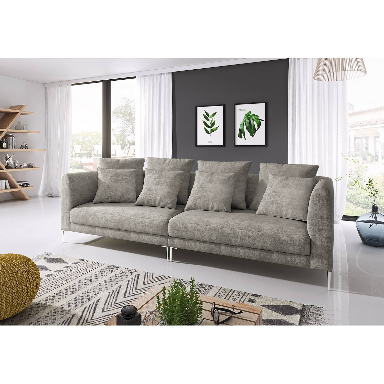 home24 Velvet Studio Bigsofa Gibbes I Platin Chenille 280x94x96 cm