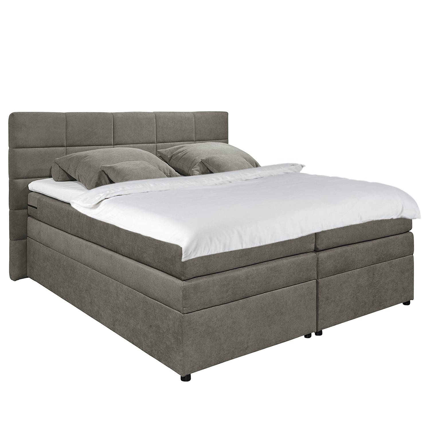 home24 Fredriks Boxspringbett Poppel 180x200 cm Synthetikfaser Stone mit Matratze/Viscoschaumtopper