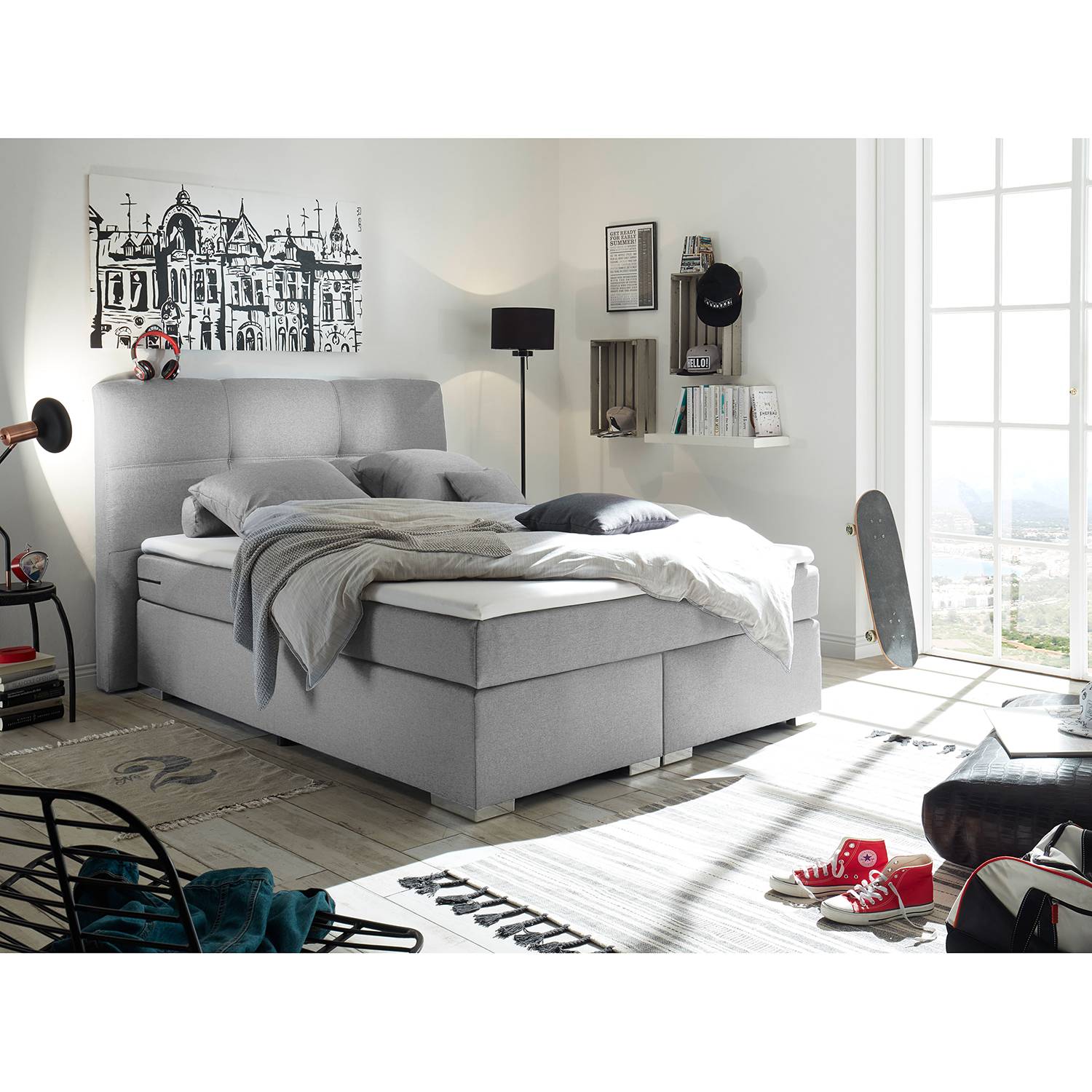 home24 Fredriks Boxspringbett Marangaroo 140x200 cm Synthetikfaser Silber mit Matratze/Topper