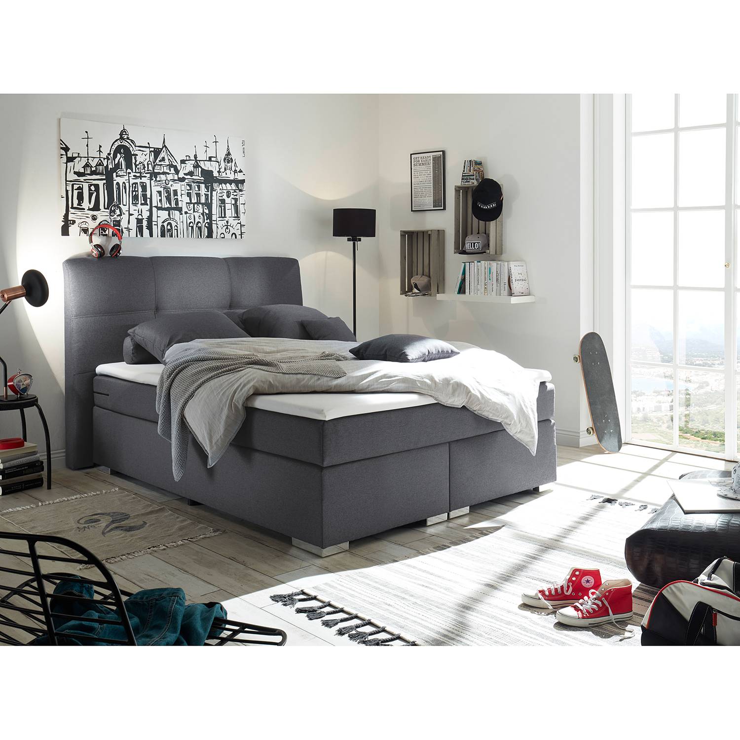 home24 Fredriks Boxspringbett Marangaroo 140x200 cm Synthetikfaser Anthrazit mit Matratze/Topper
