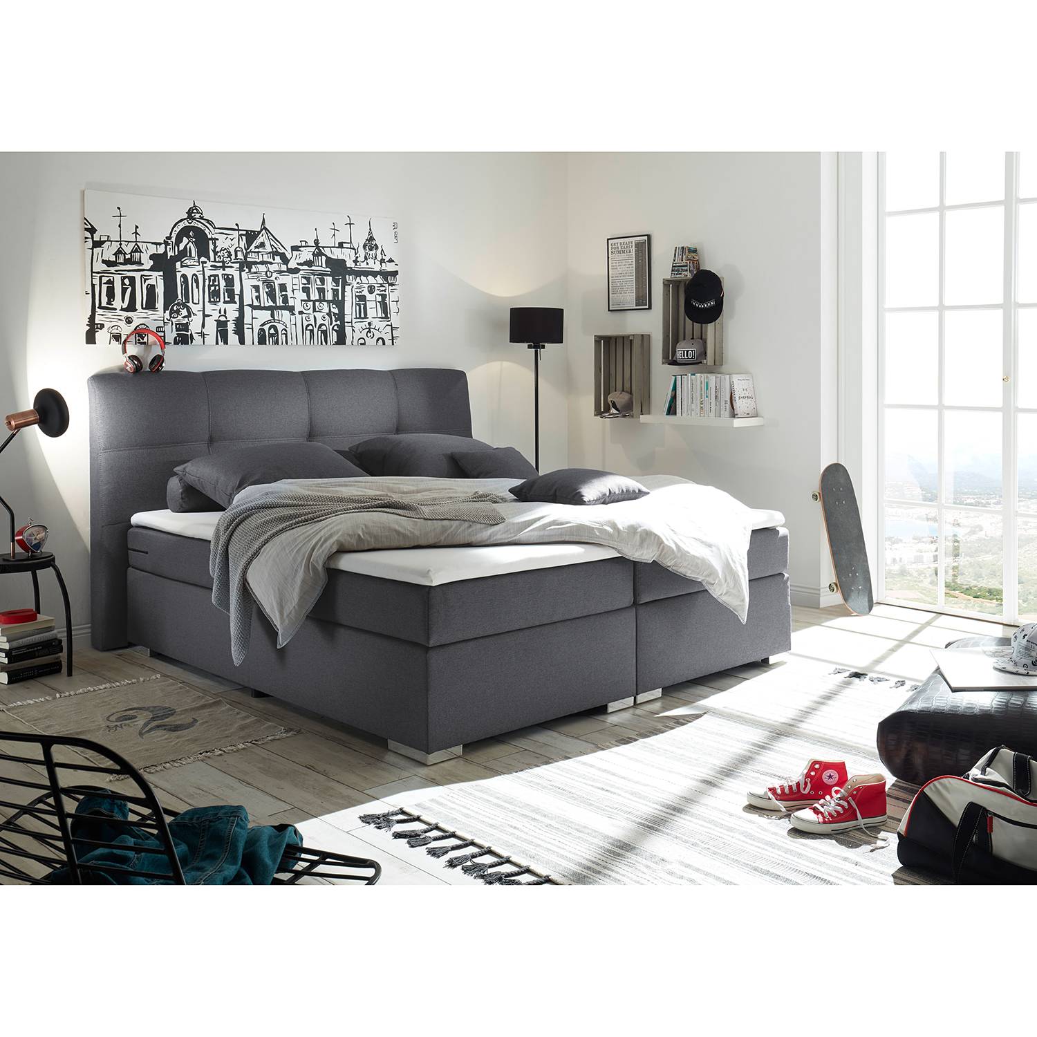 home24 Fredriks Boxspringbett Marangaroo 180x200 cm Synthetikfaser Anthrazit mit Matratze/Topper