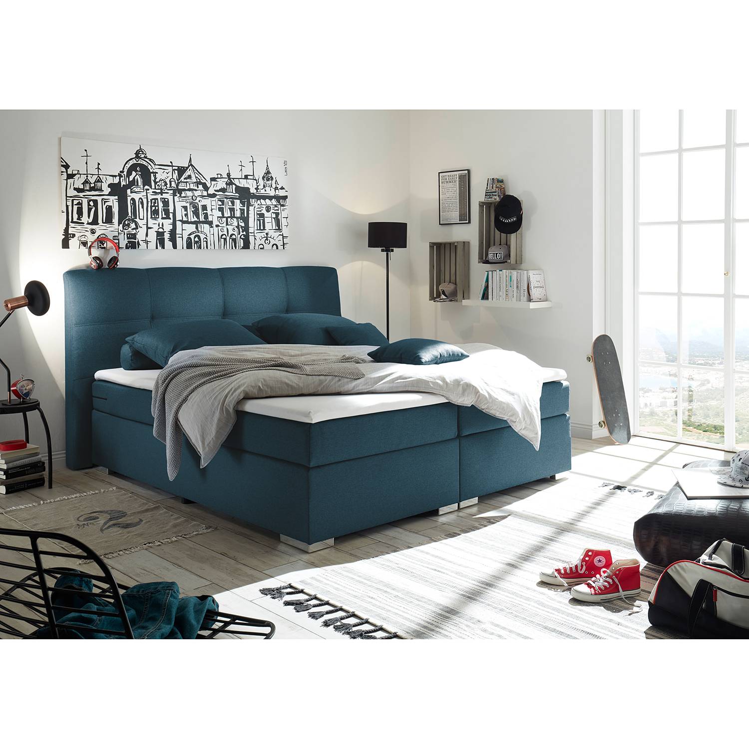 home24 Fredriks Boxspringbett Marangaroo 160x200 cm Synthetikfaser Dunkelblau mit Matratze/Topper