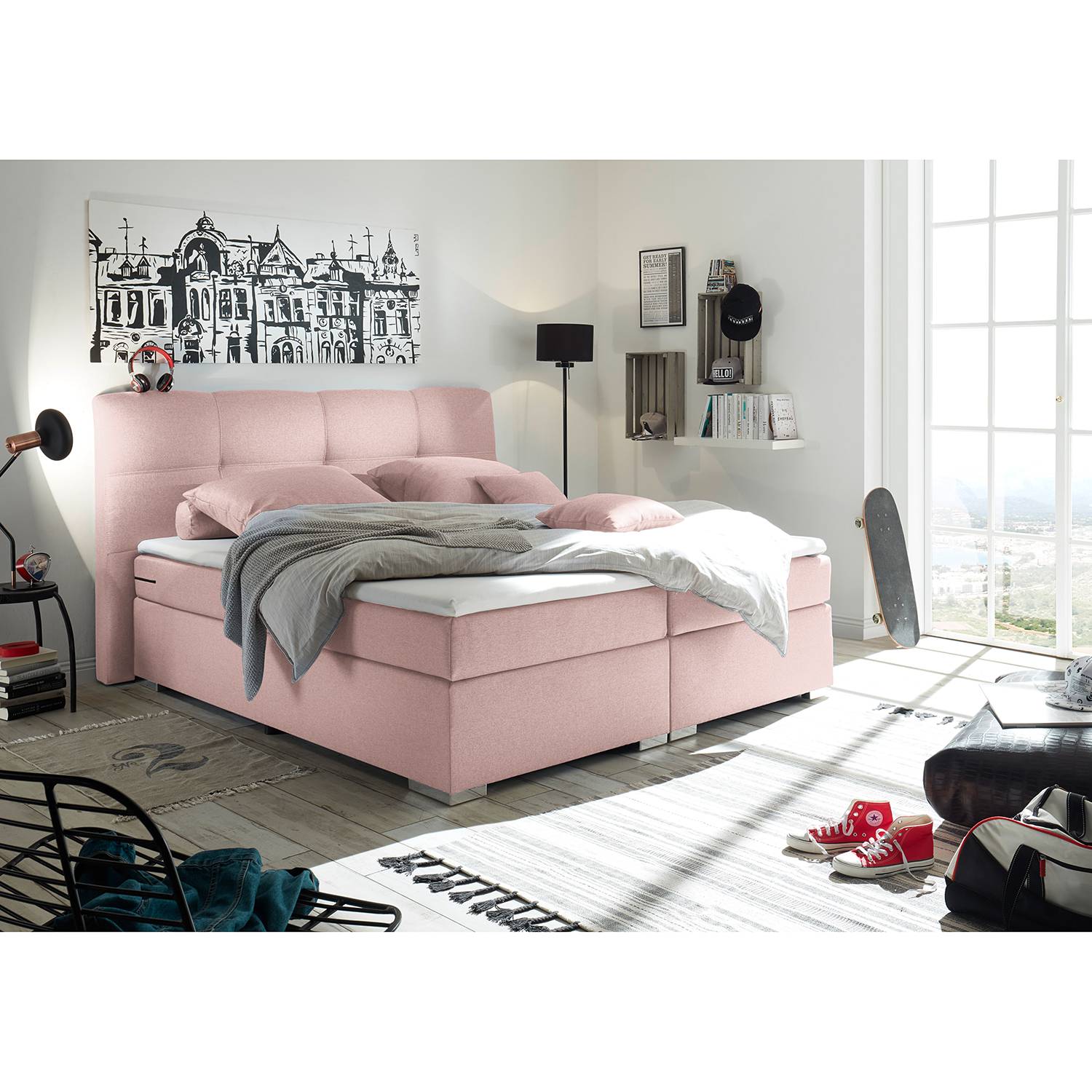 home24 Fredriks Boxspringbett Marangaroo 160x200 cm Synthetikfaser Altrosa mit Matratze/Topper