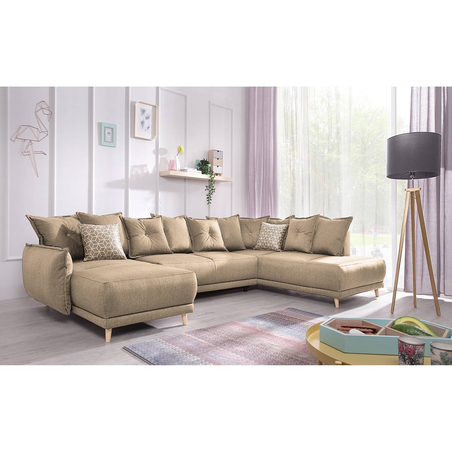 home24 loftscape Wohnlandschaft Panica I Sandgrau Webstoff 312x90x195 cm mit Schlaffunktion und Bettkasten
