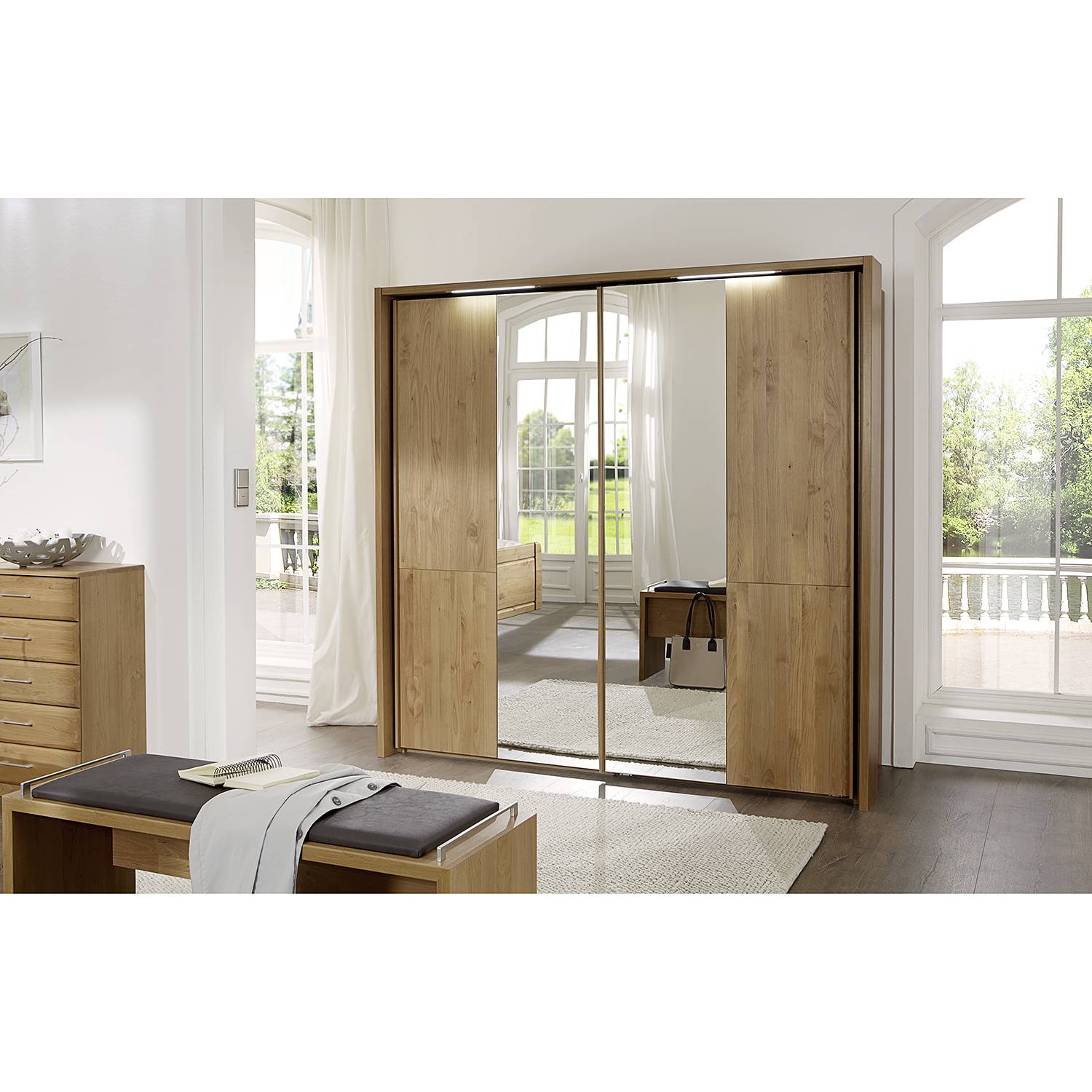 home24 Wiemann Schwebetürenschrank Innsbruck mit Spiegel 200x216x67 cm (BxHxT) Erle Teilmassiv