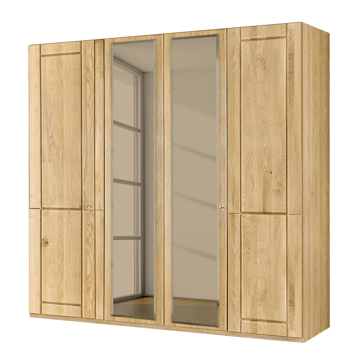 home24 Wiemann Drehtürenschrank Borkum I mit Spiegel 200x216x58 cm (BxHxT) 4-türig Eiche Teilmassiv