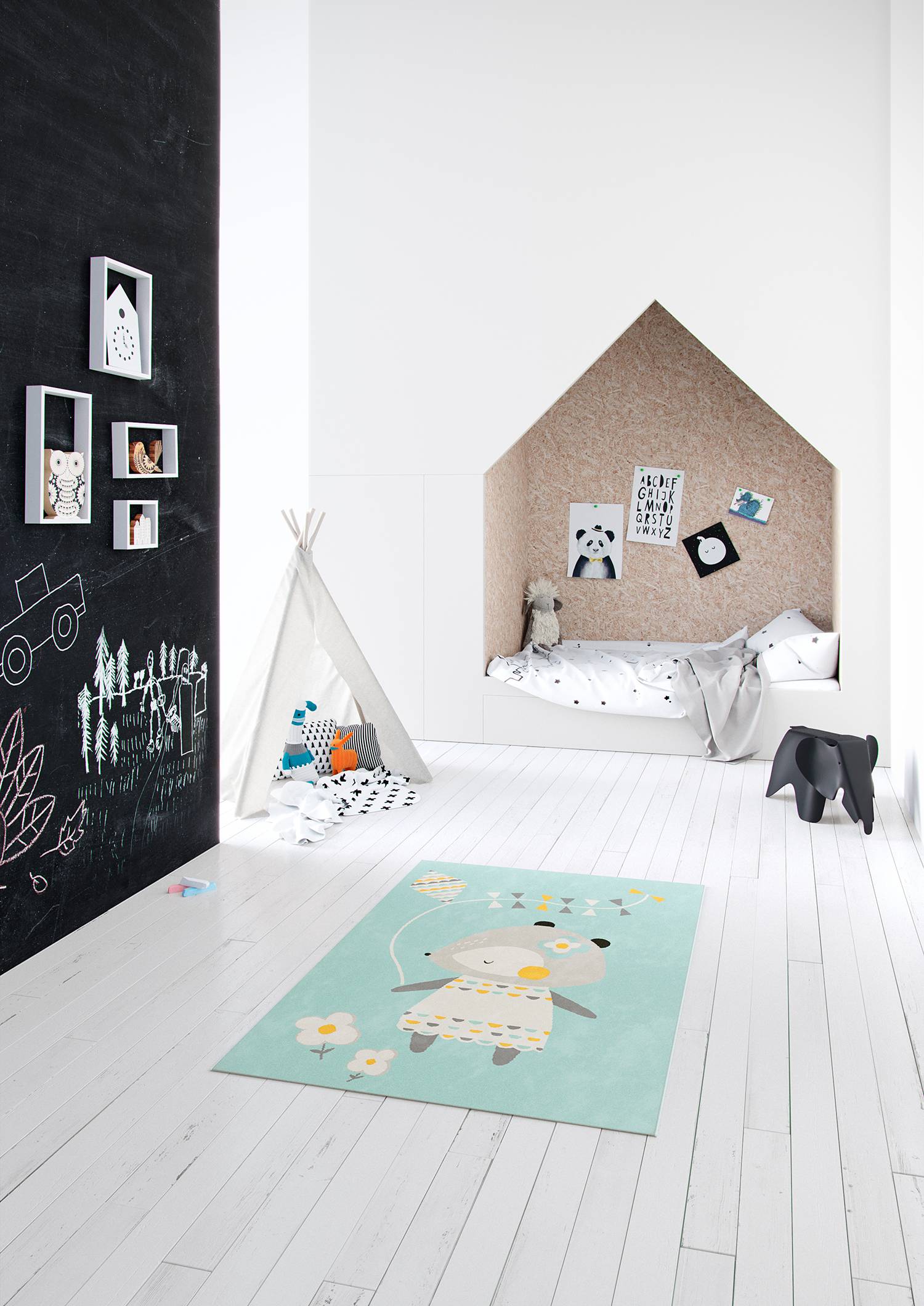 home24 Top Square Kinderteppich Canvas II Blau Tier Design Kunstfaser 120x0.8x170 cm (BxHxT) Rechteckig