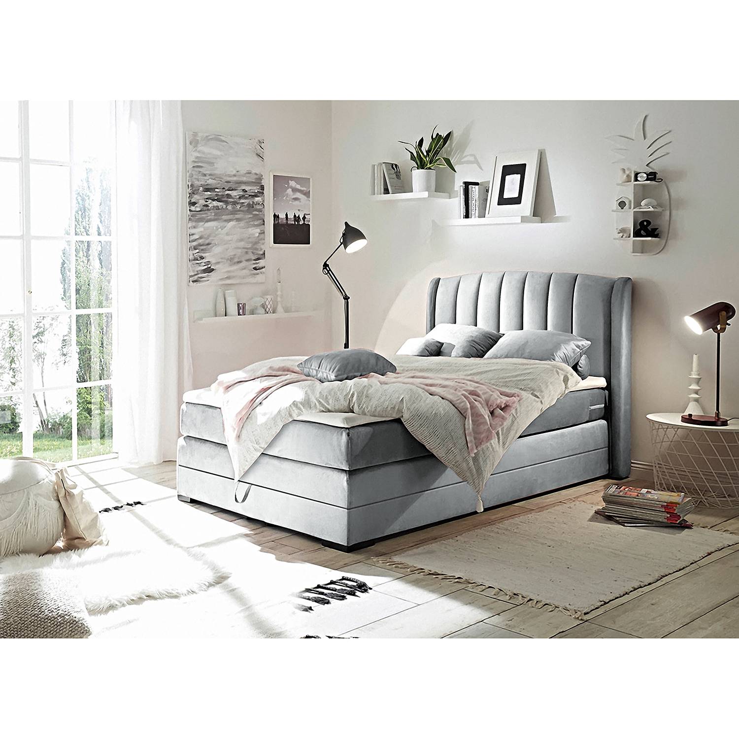 home24 Jack & Alice Boxspringbett Malvinas 120x200 cm Webstoff in Samt-Optik Grau mit Bettkasten/Matratze/Topper Glamour