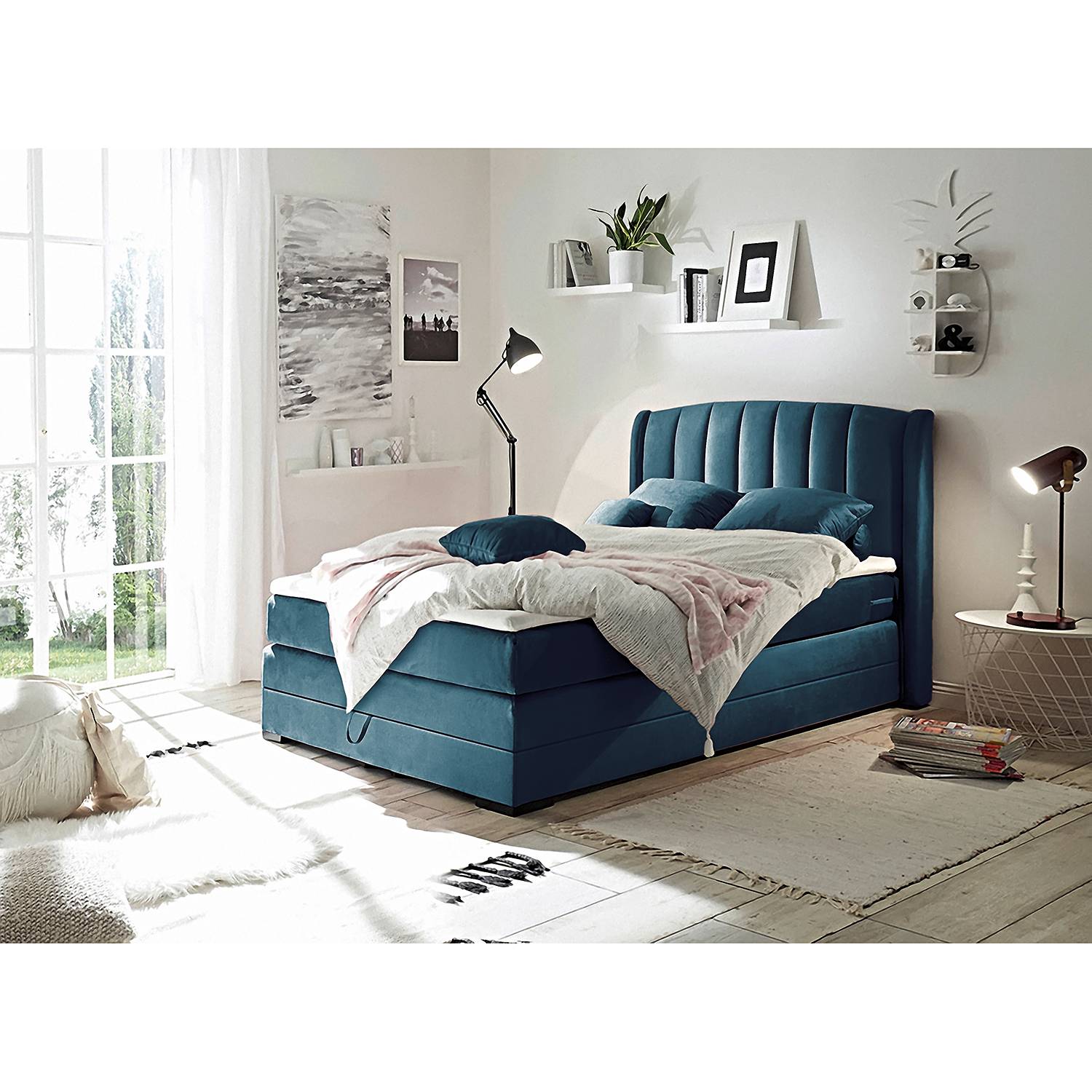 Home24 Jack Alice Boxspringbett Malvinas 1x0 Cm Webstoff In Samt Optik Dunkelblau Mit Bettkasten Matratze Topper Glamour Moebel Suchmaschine Ladendirekt De