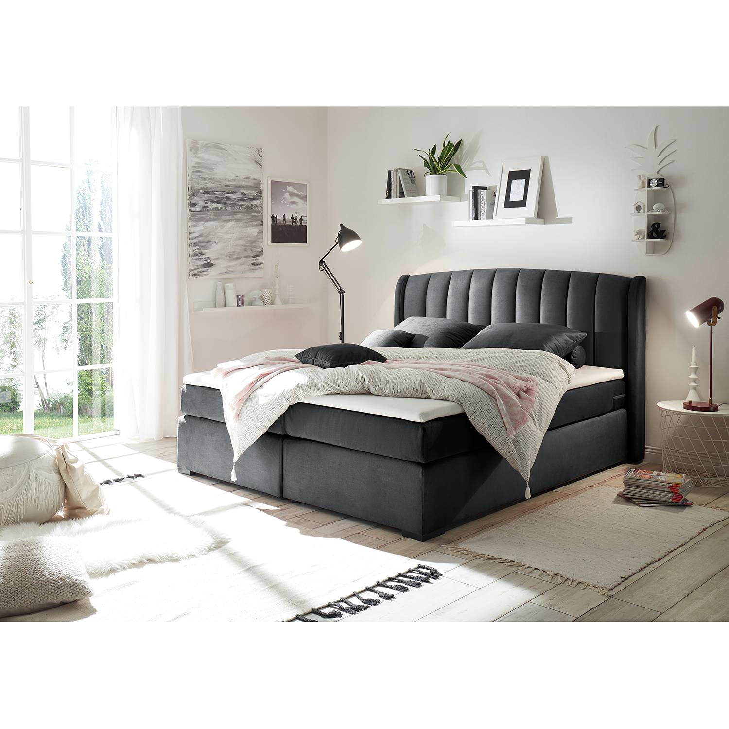 Home24 Jack Alice Boxspringbett Malvinas 160x0 Cm Webstoff In Samt Optik Anthrazit Mit Matratze Topper Glamour Moebel Suchmaschine Ladendirekt De