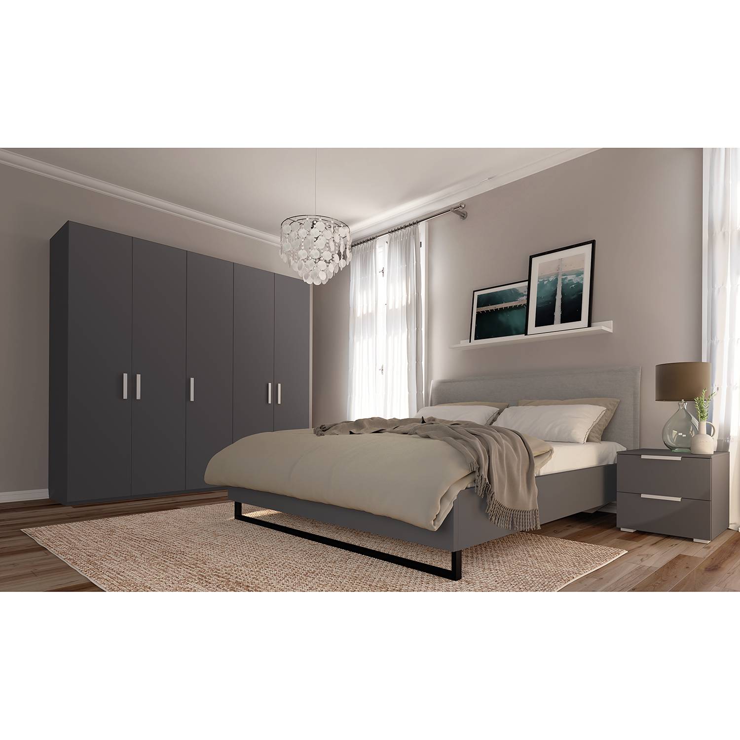 home24 Drehtürenschrank SKØP II Graphit 225x236x60 cm (BxHxT) 5-türig Spanplatte Modern