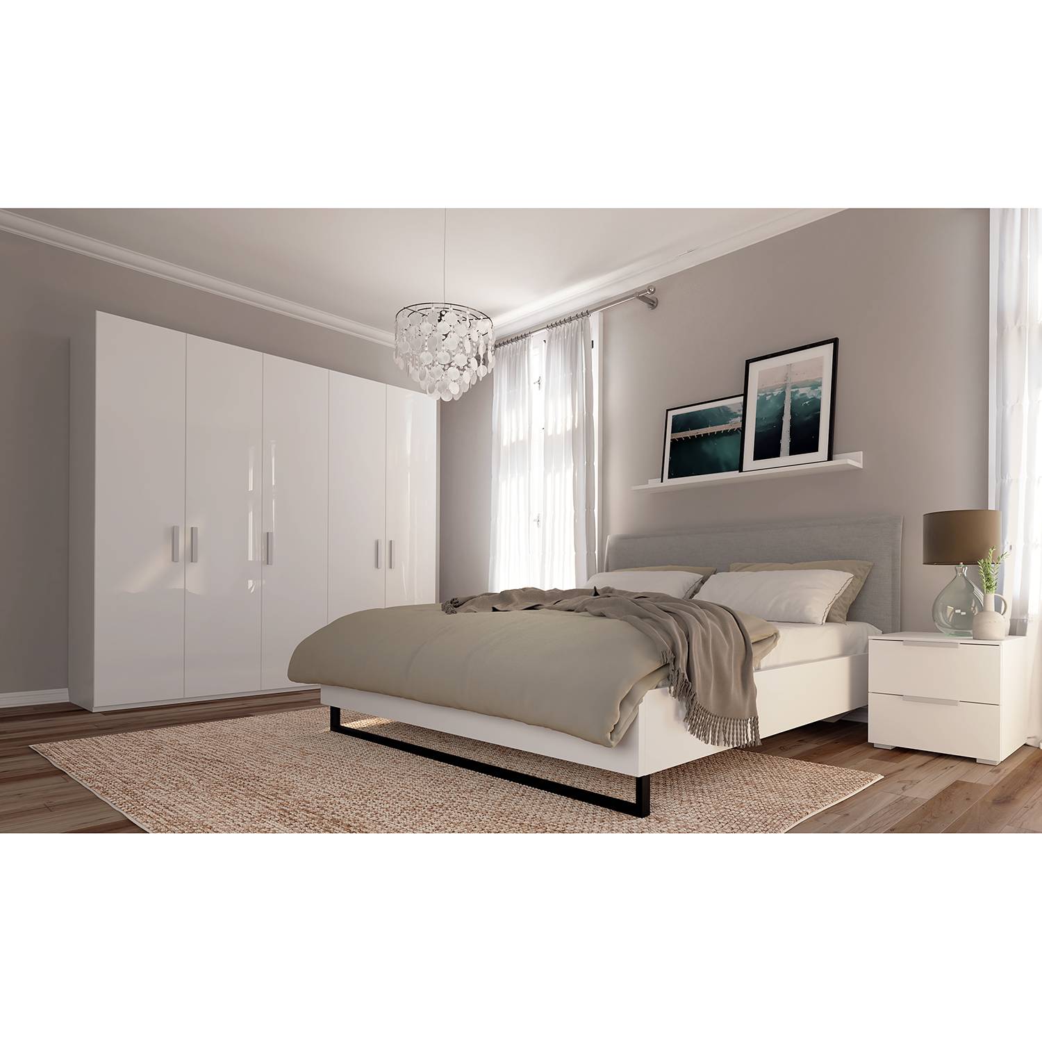 home24 Drehtürenschrank SKØP III Hochglanz Weiß 225x236x60 cm (BxHxT) 5-türig Spanplatte Modern