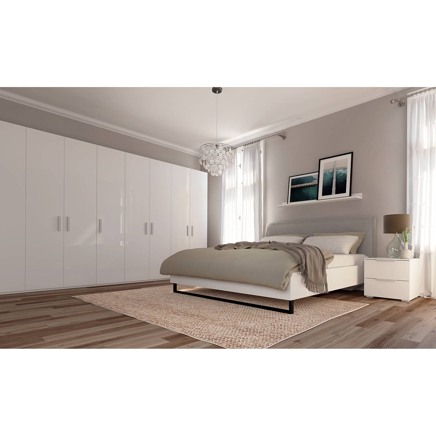 home24 Drehtürenschrank SKØP III Hochglanz Weiß 405x236x60 cm (BxHxT) 9-türig Spanplatte Modern