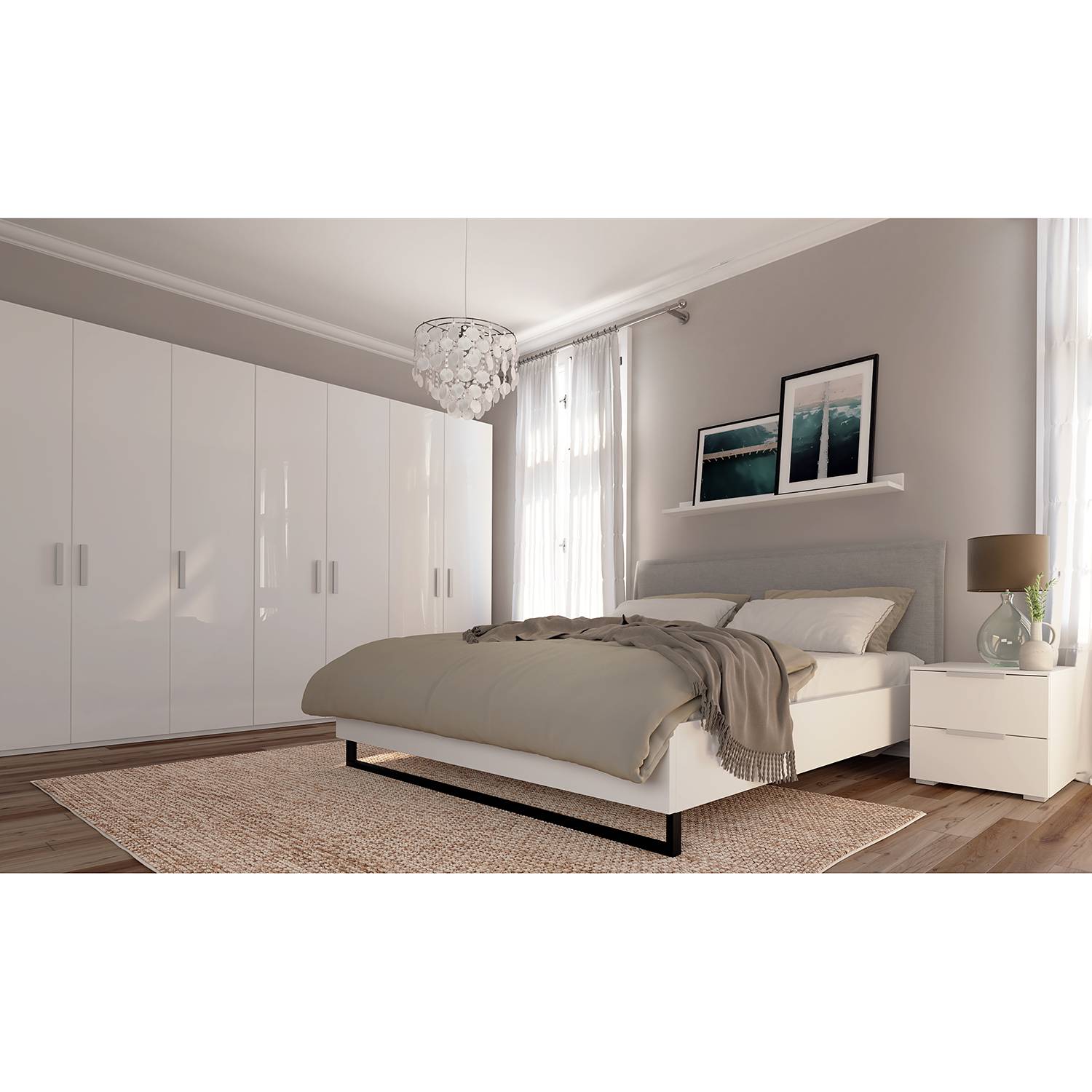 home24 Drehtürenschrank SKØP III Hochglanz Weiß 315x222x60 cm (BxHxT) 7-türig Spanplatte Modern