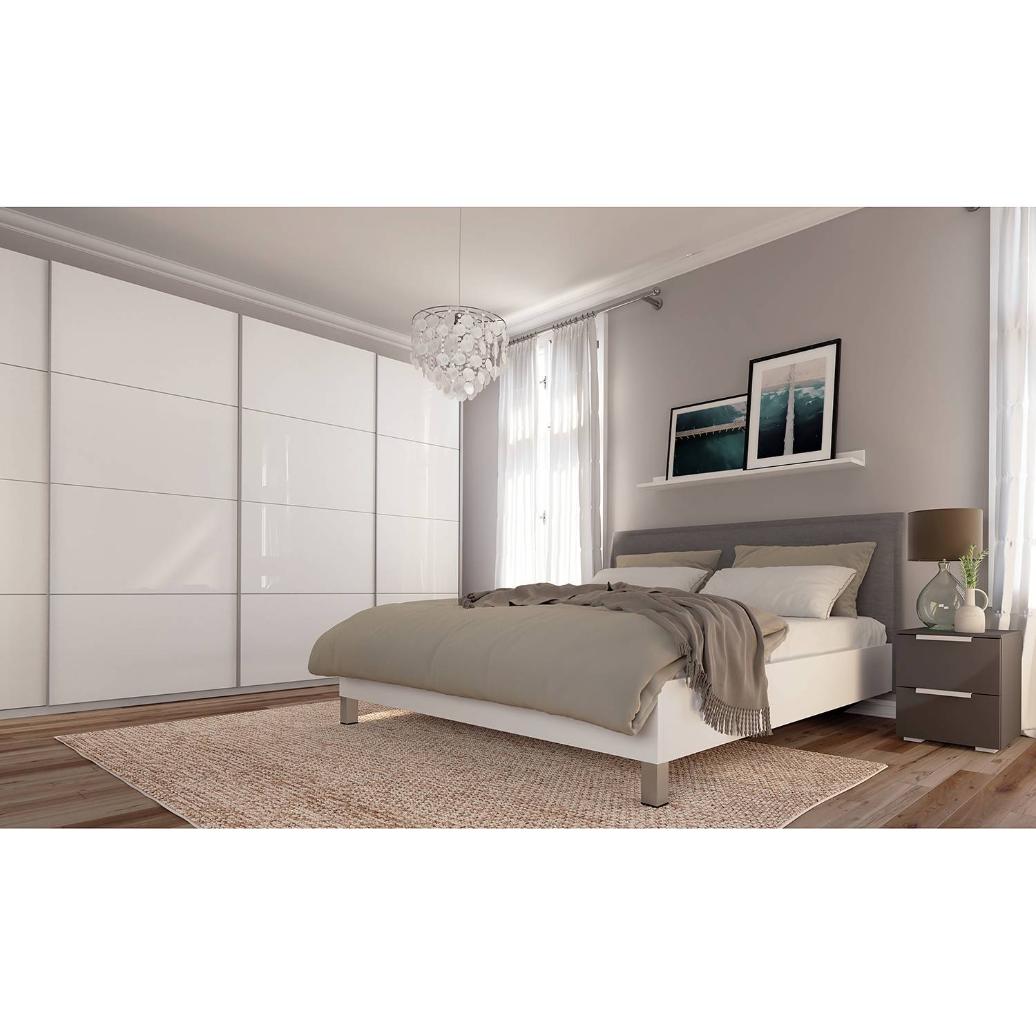 home24 Schwebetürenschrank SKØP III Alpinweiß 360x236x68 cm (BxHxT) 4-türig Spanplatte Modern